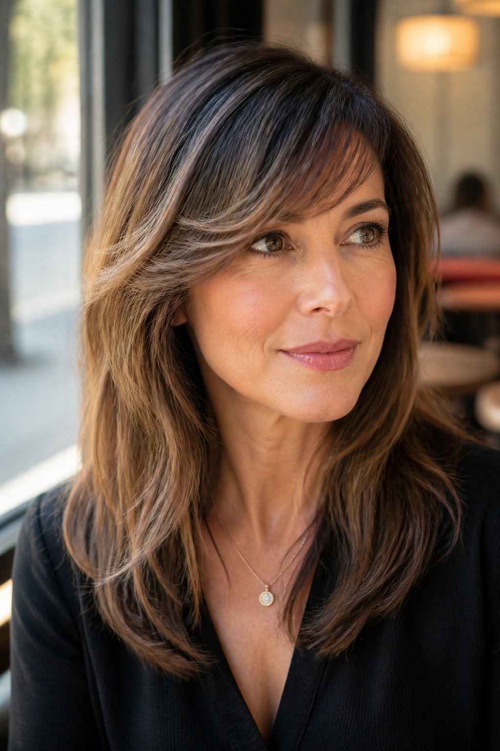 Real woman with side-swept bangs and layered lengths in a sunlit cafe setting