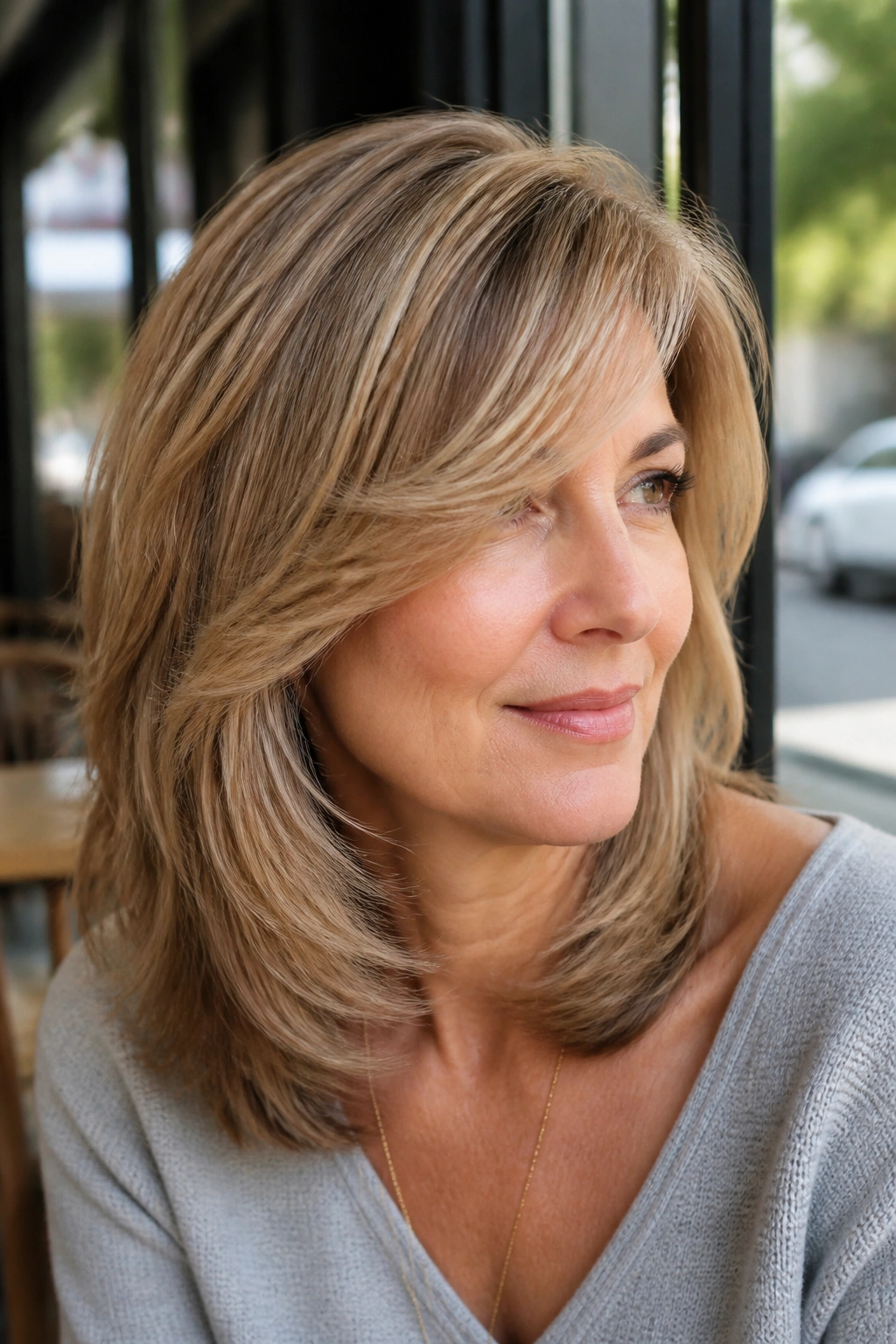 Real woman with side-swept bangs and layered hair.