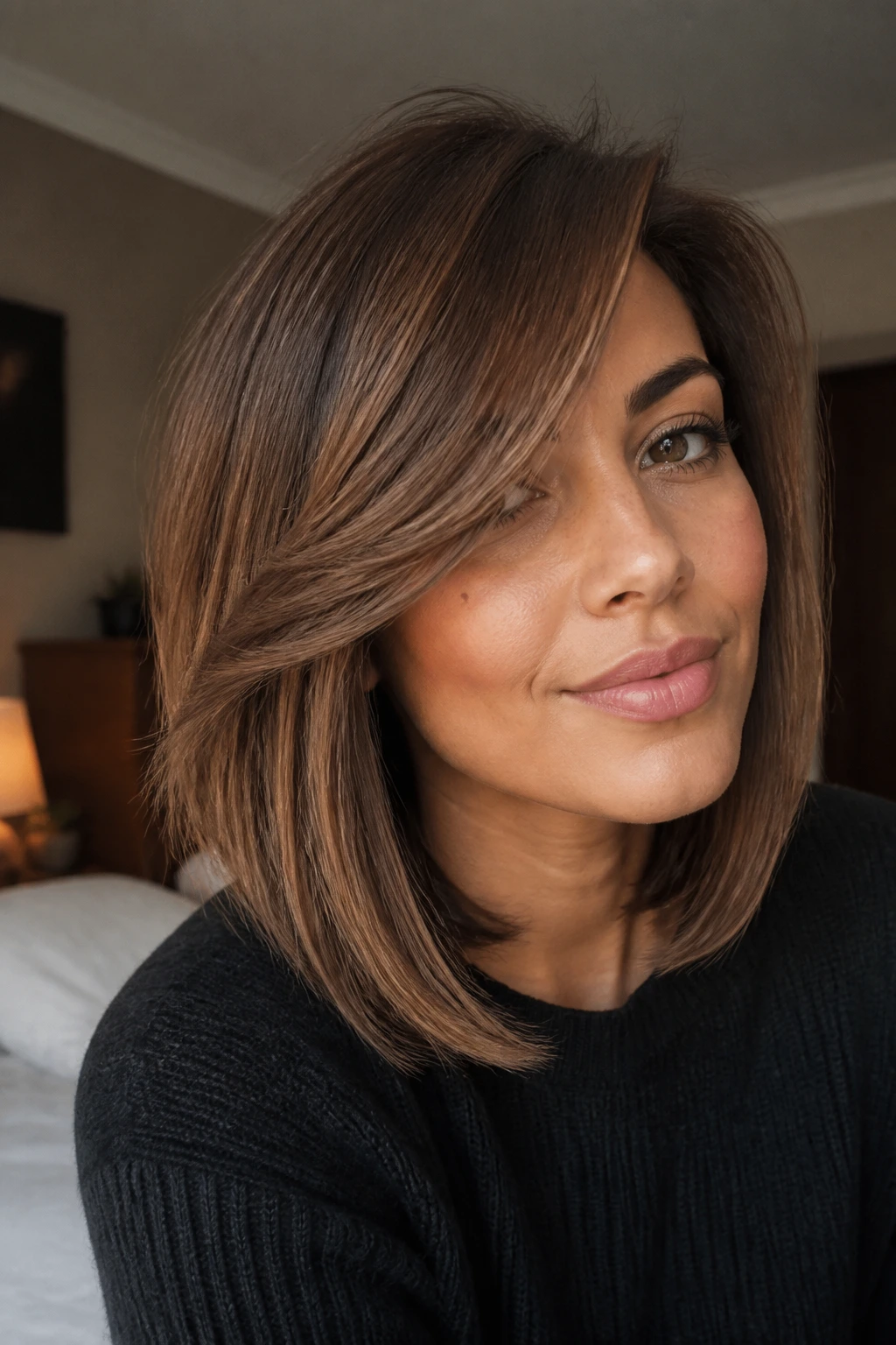 Close-up portrait of a real woman with side-swept bangs and lob hairstyle