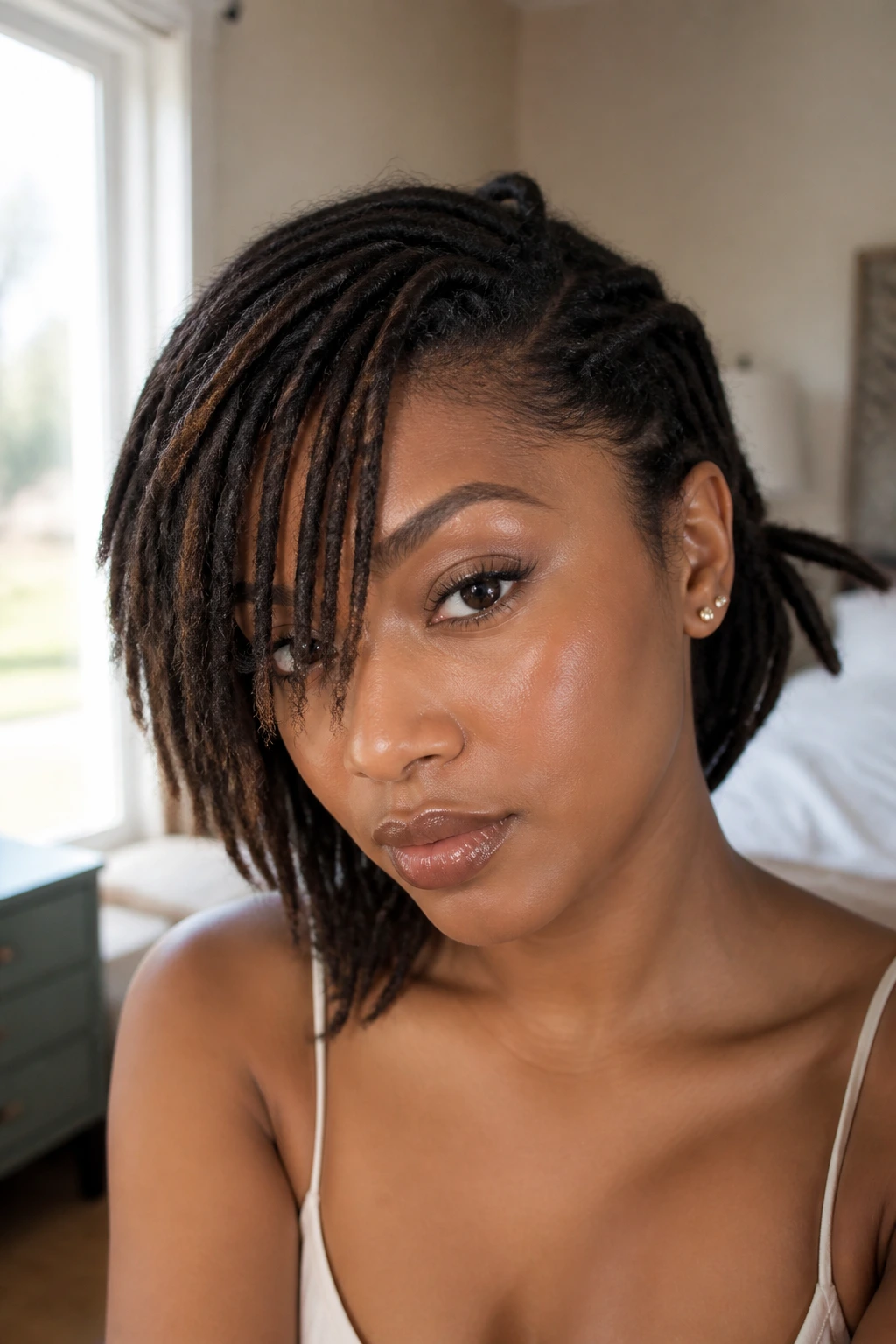 Close-up portrait of a real person with locs styled into side-swept bangs
