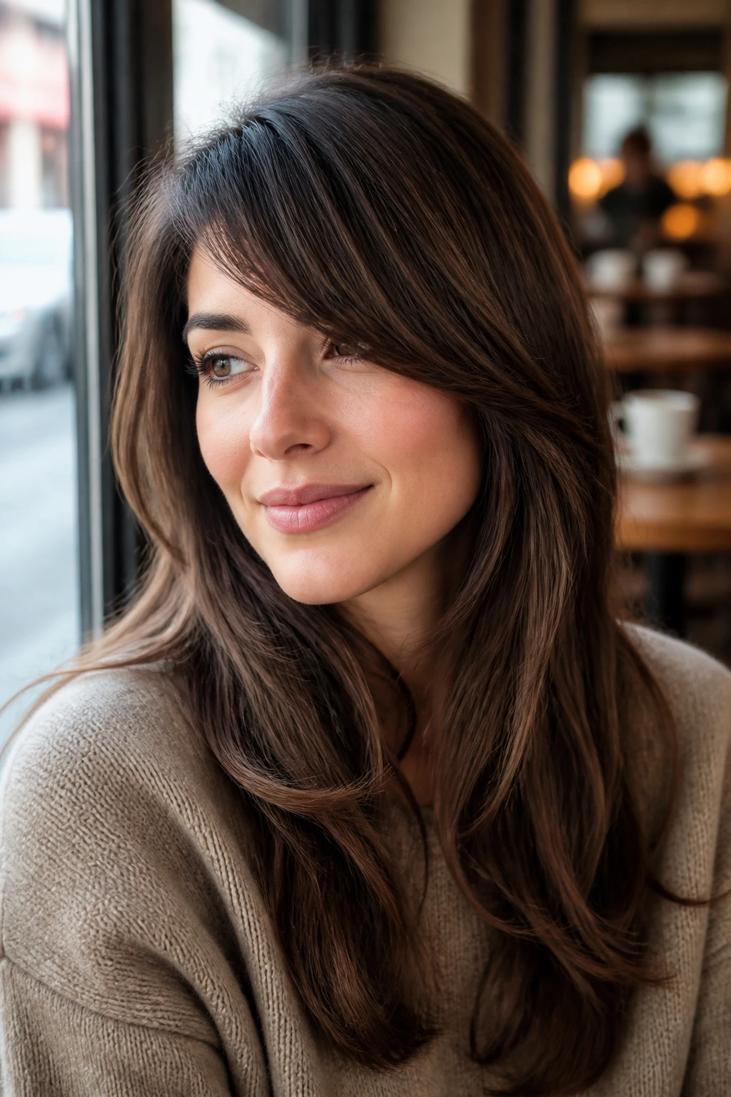 Close-up portrait of a real woman with side-swept bangs softening an oval face in natural daylight
