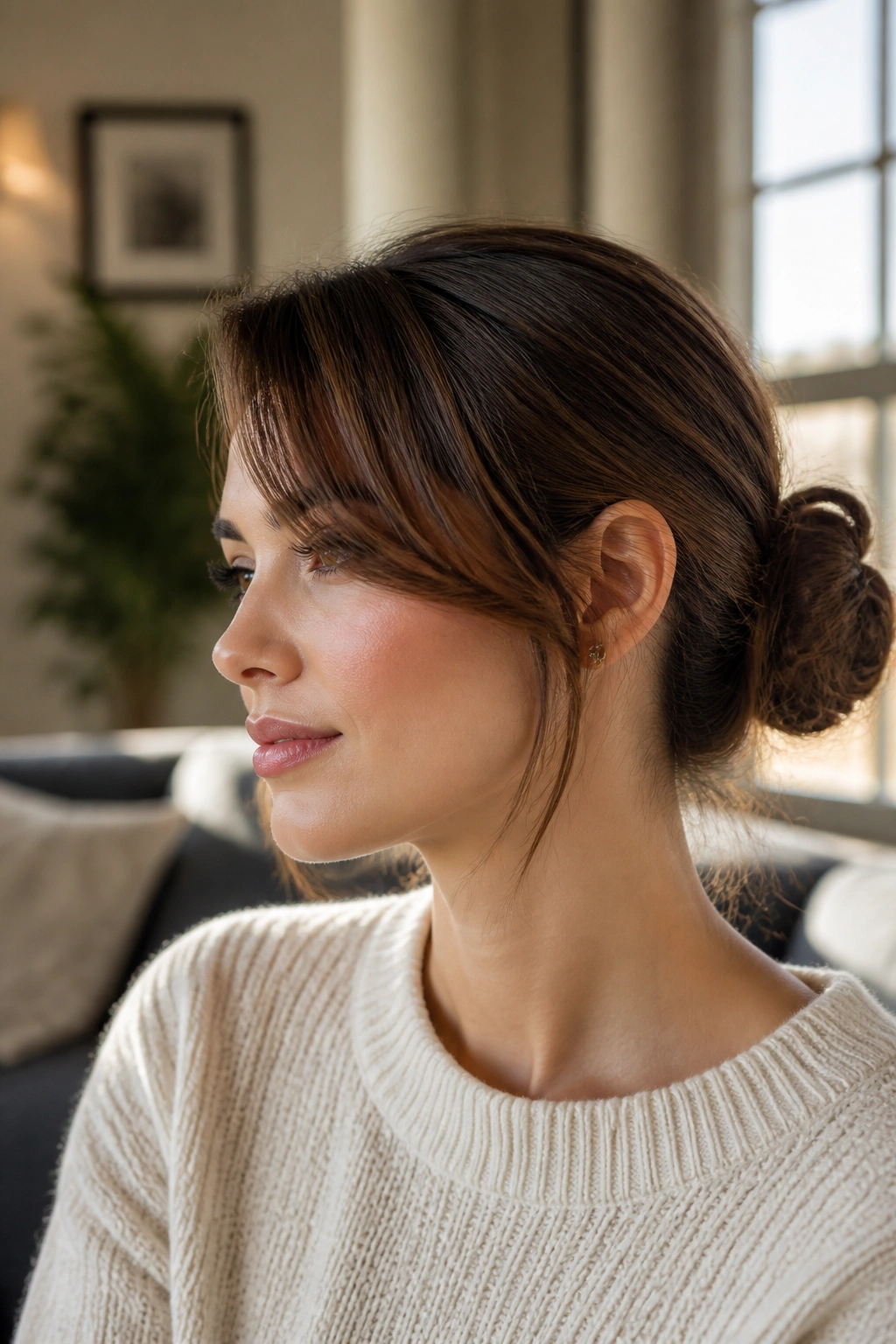 Close-up portrait of a real woman with side-swept bangs tucked into a low ponytail under warm window light