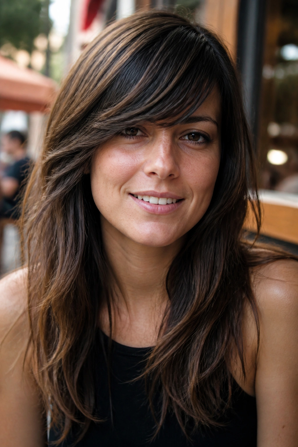 Real woman with side-swept choppy bangs in a sunlit cafe setting