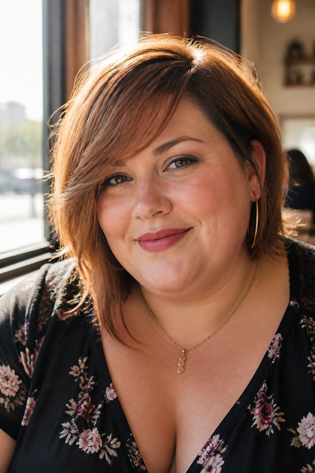 Close-up of a real woman with side-swept bangs framing her eyes in natural light.