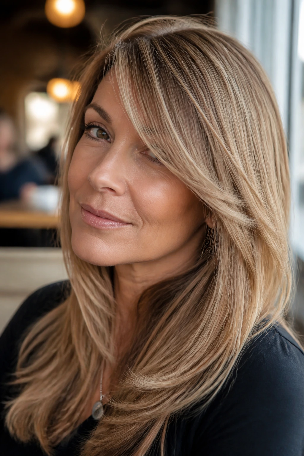 Close-up of a real woman with long layered side-swept bangs.