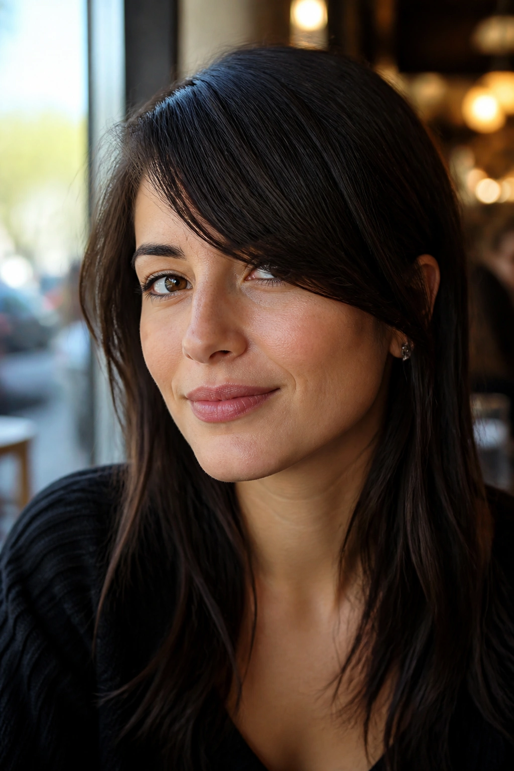 Close-up of a real woman with diagonal side-swept bangs across the forehead