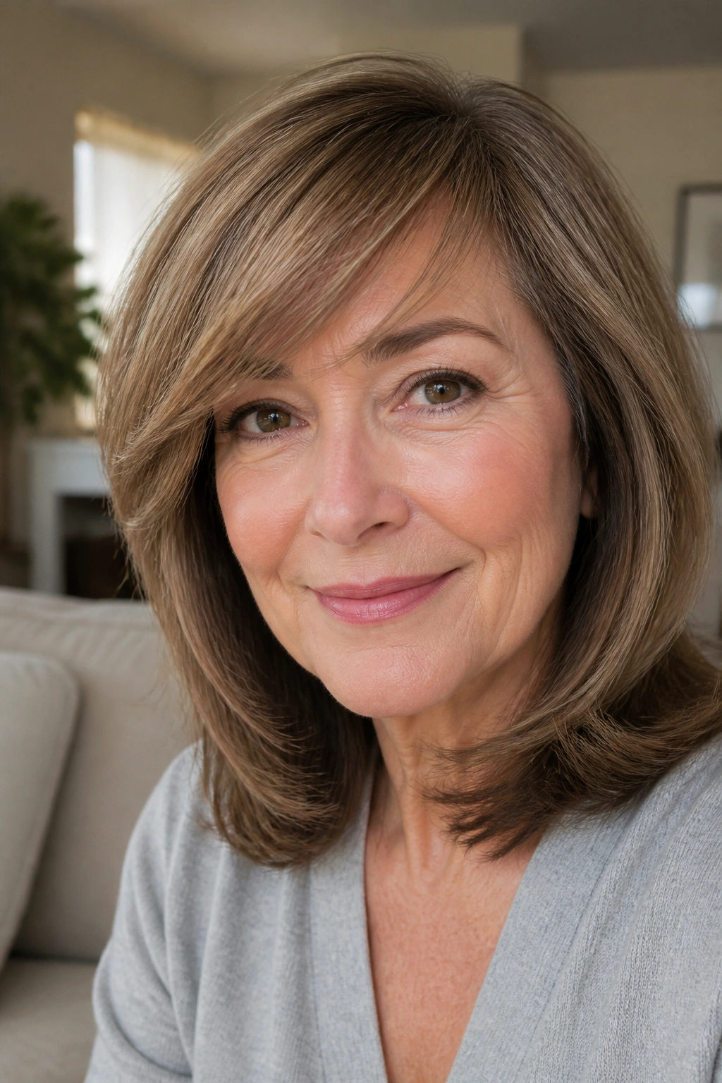 Close-up portrait of side-swept wispy bangs on a real person
