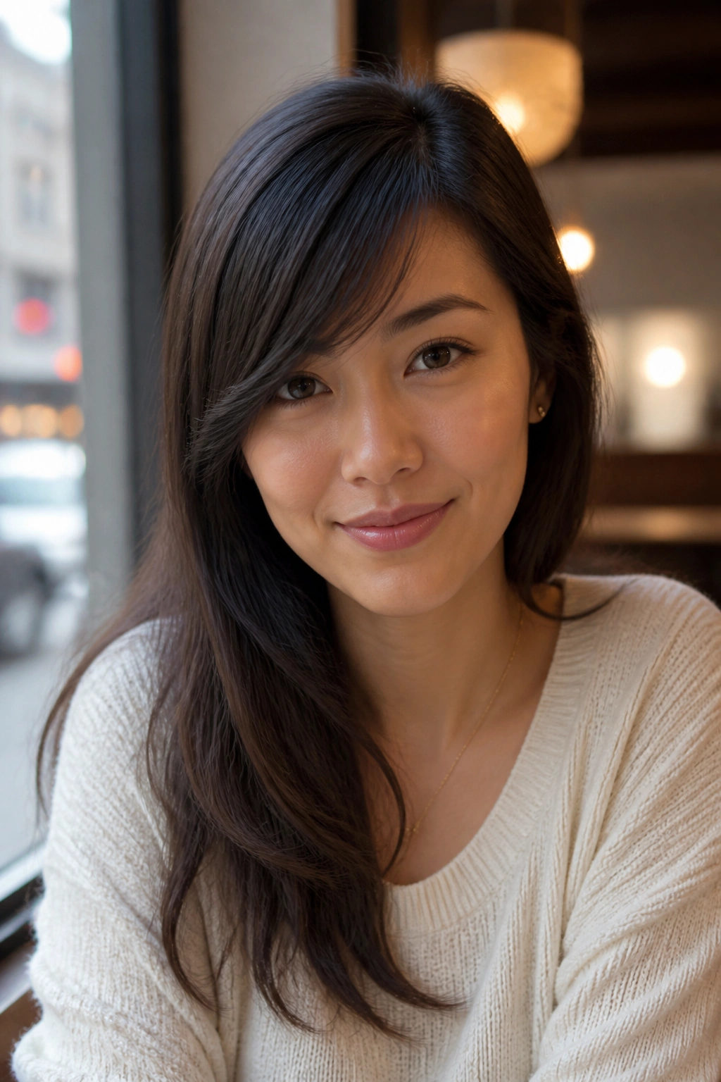 Close-up portrait of a real woman with diagonally swept side bangs and a natural fall.