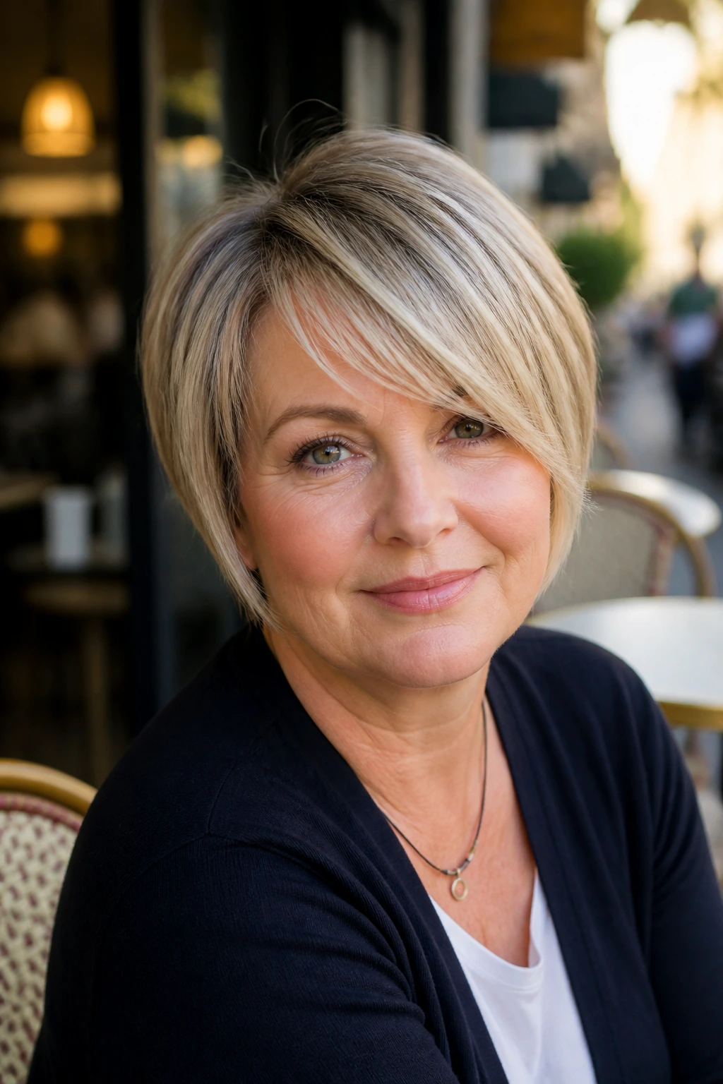 Close-up portrait of a real woman with side-swept bangs on a round face in a street cafe light