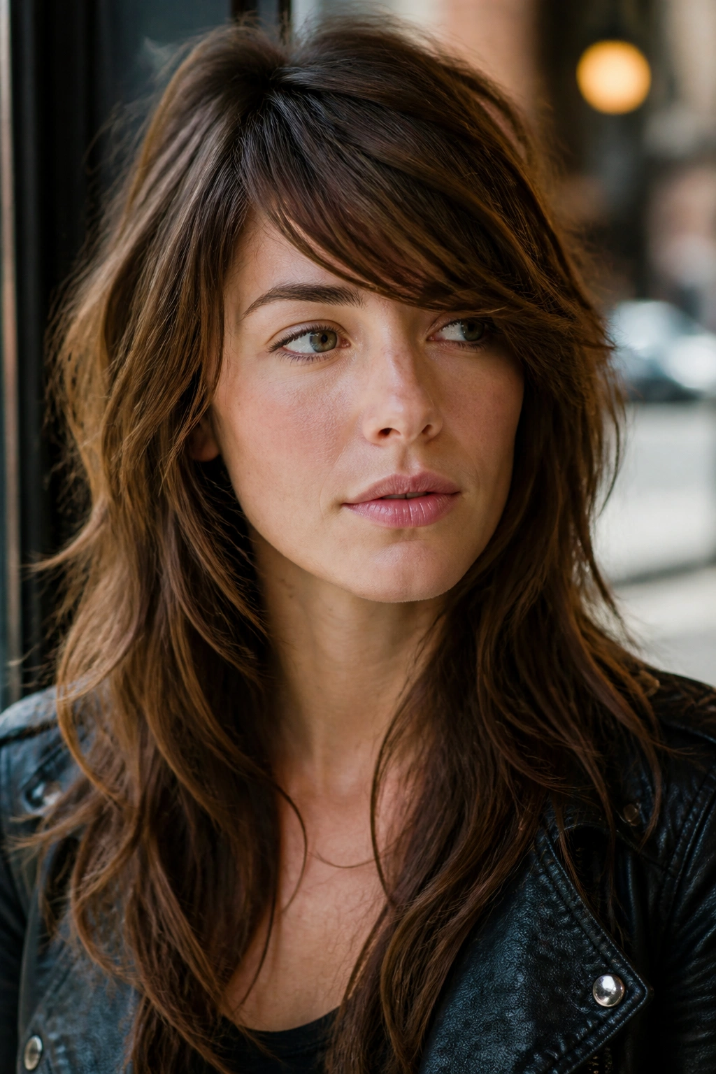 Portrait of a person with side-swept bangs on a soft rocker shag