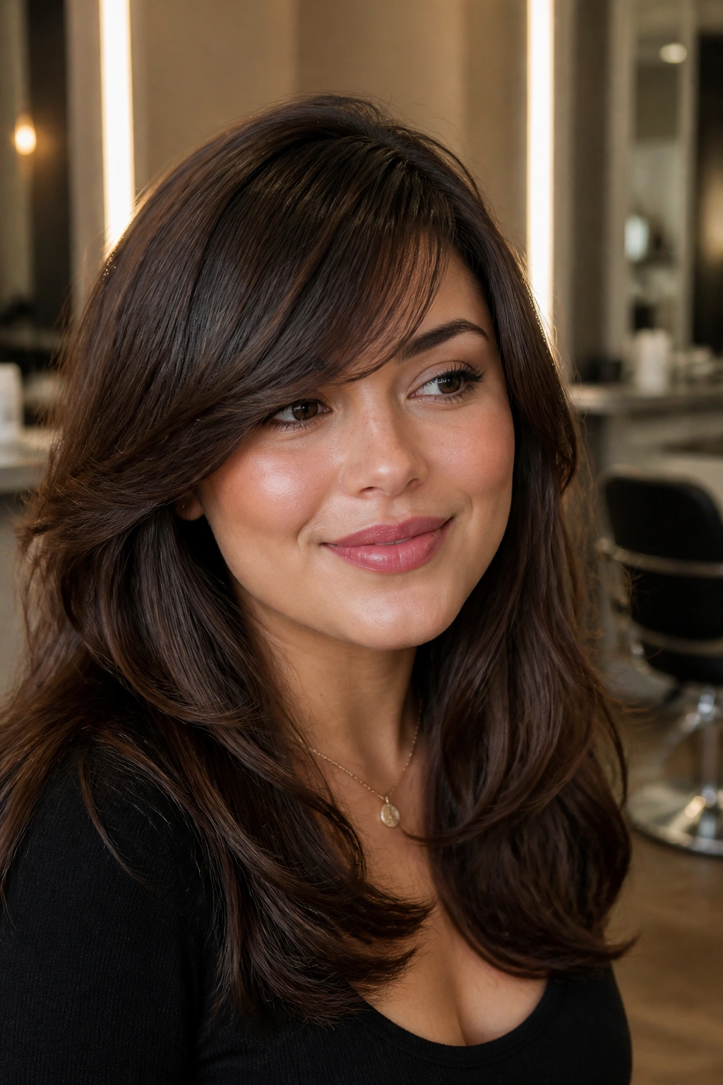 Close-up portrait of a real woman with soft side-swept bangs softening a round face