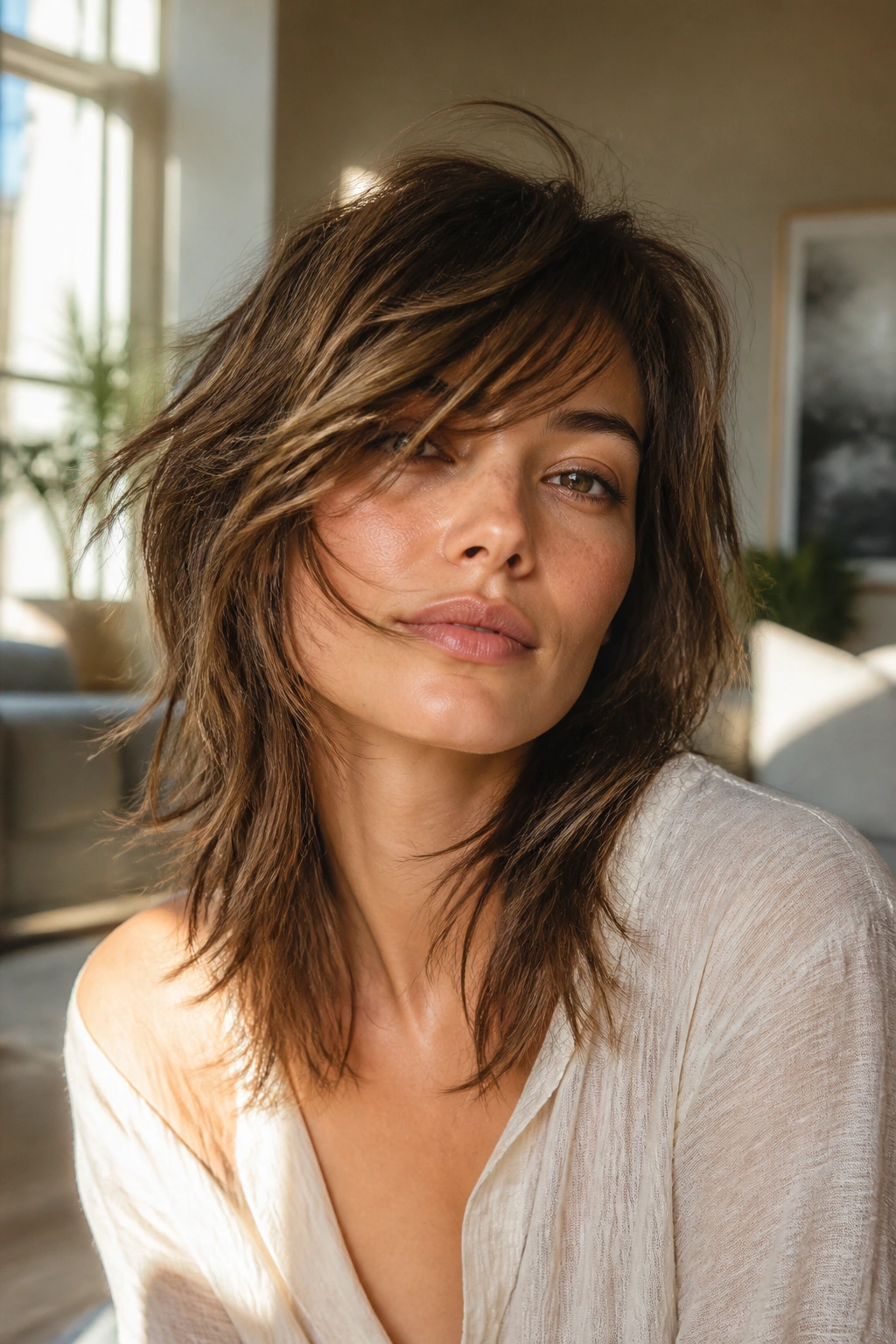 Close-up portrait of a real person with side swept bangs in a shag cut, textured and piecey