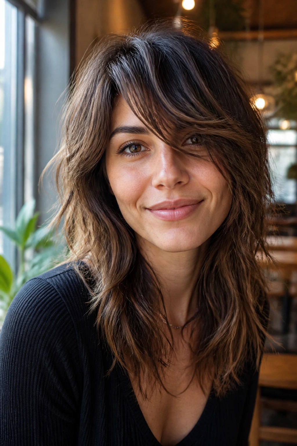 Close-up real person with Side-Swept Bang Shag showing growing-out bangs in cafe light