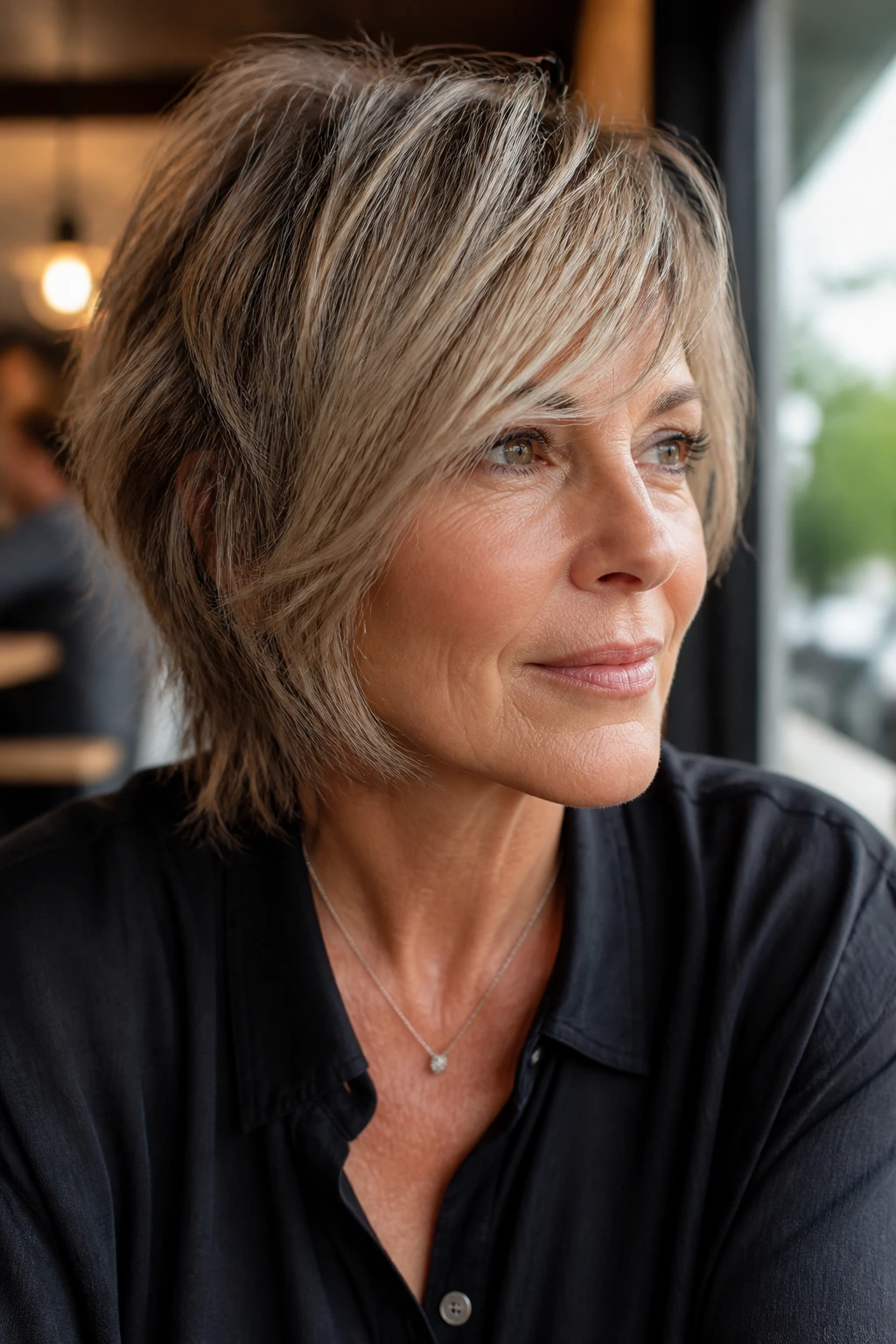 Portrait of a woman with side-swept bangs shag hairstyle in a sunny cafe