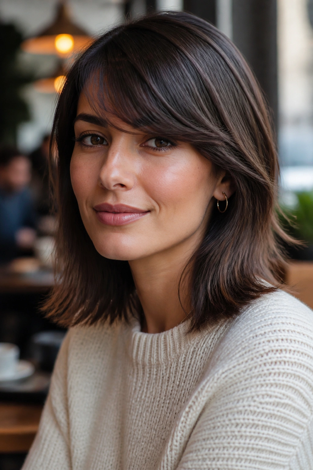 Real woman with shoulder-length hair and side-swept bangs