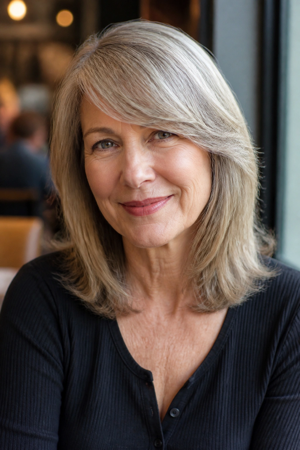 Real woman over 50 with side-swept bangs and shoulder-length hair.