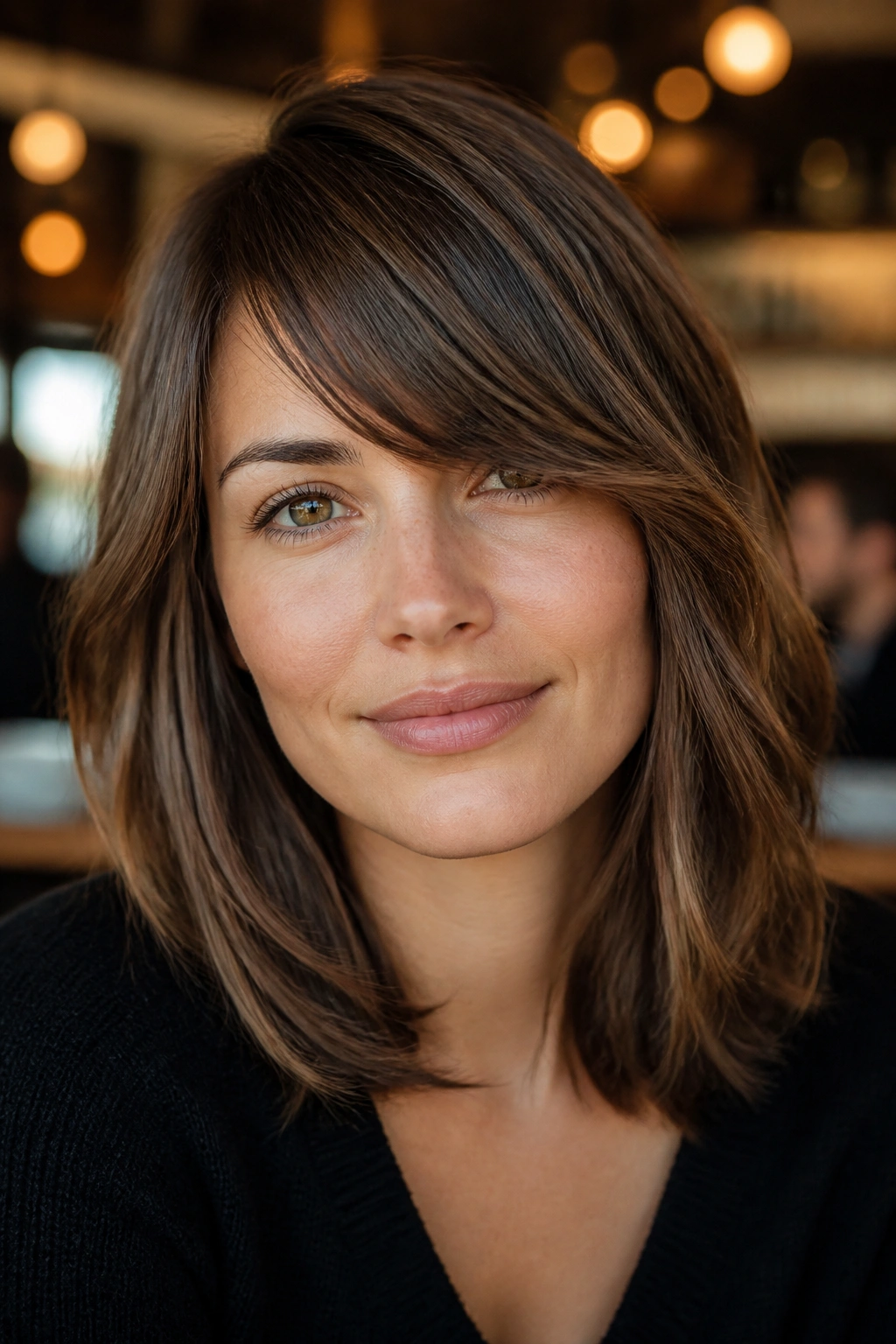 Close-up of woman with side-swept bangs and shoulder-length hair in a cafe setting.