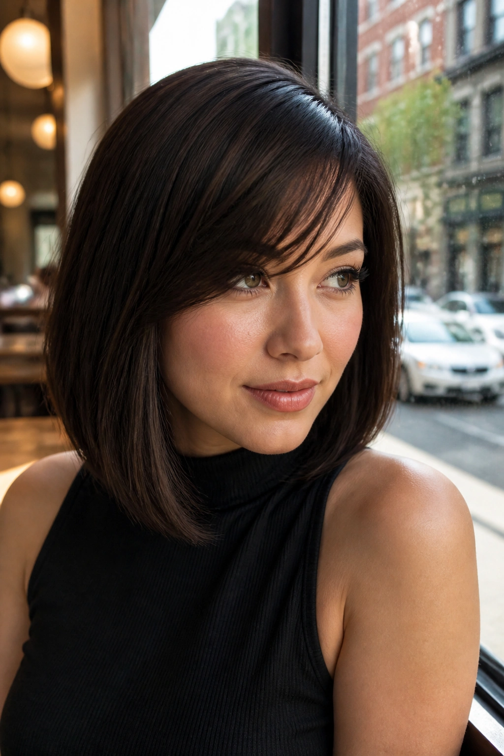 Close-up portrait of a real woman with side-swept bangs and sleek lob in daylight