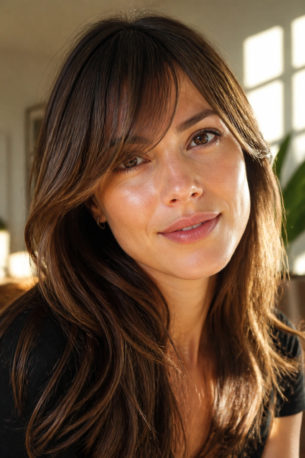 Close-up of a real woman with side-swept bangs and a soft bend