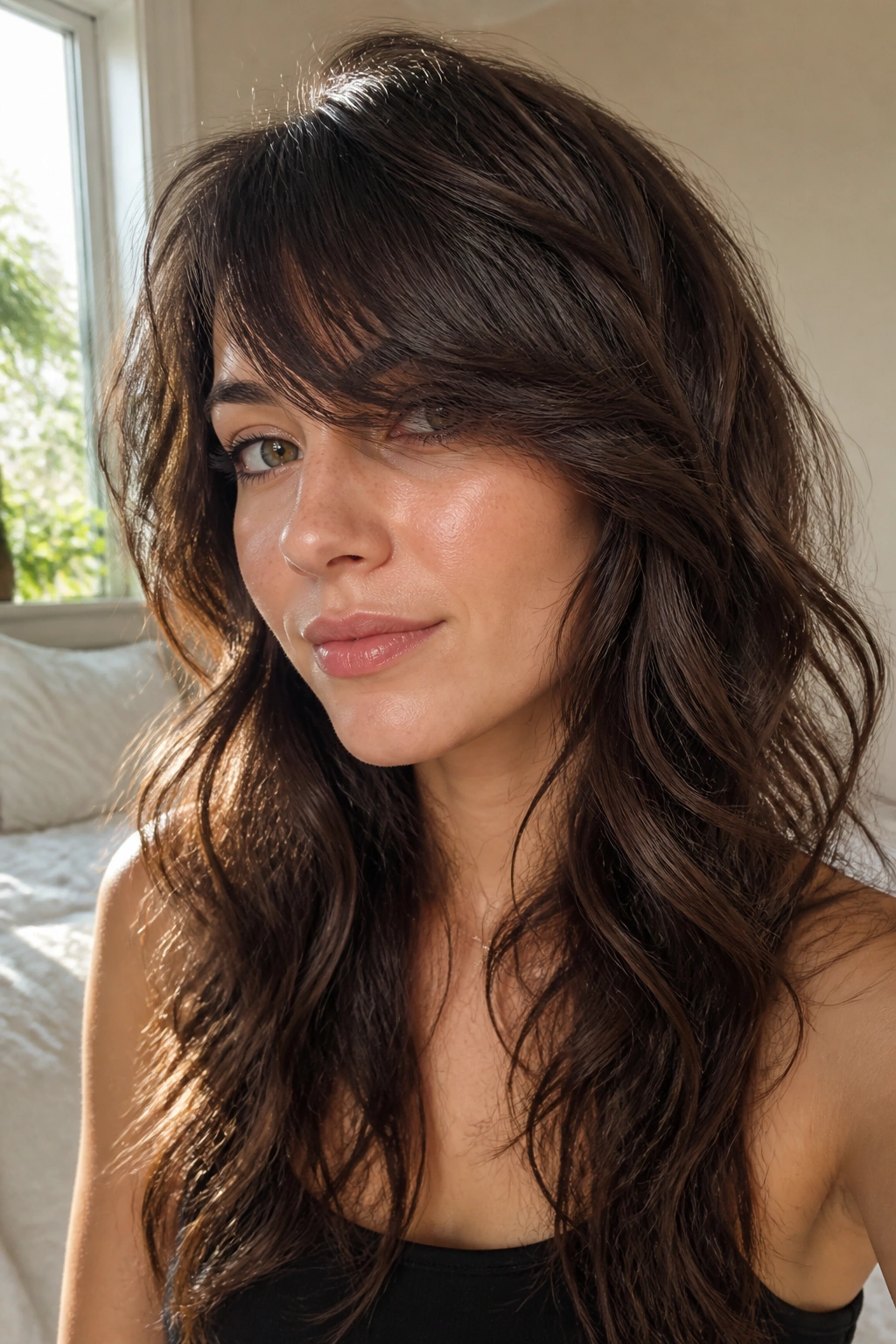 Portrait of a woman with side-swept bangs and soft layered shag in a sunlit bedroom.