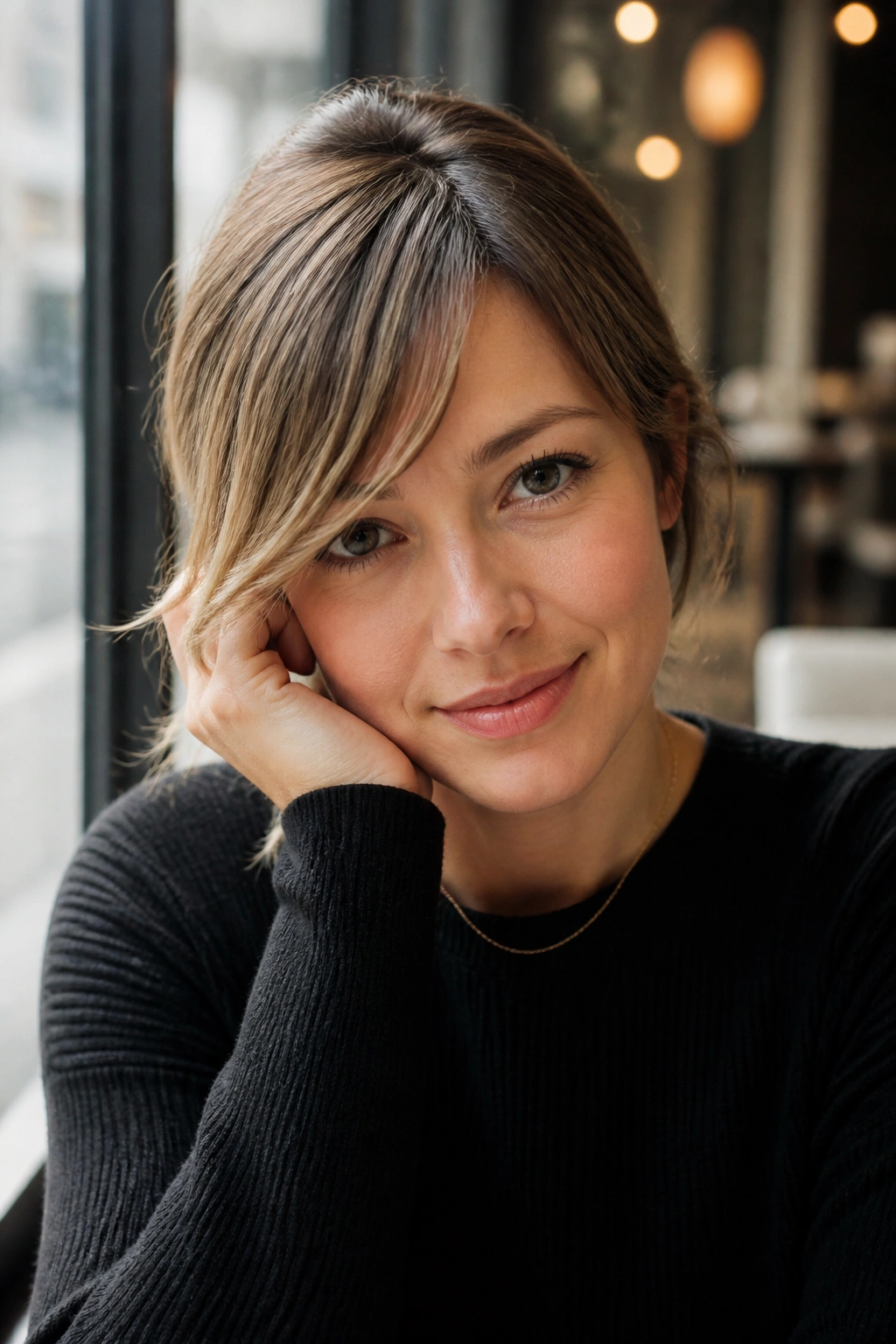 Close-up of a real woman with side-swept bangs sliding past the temple