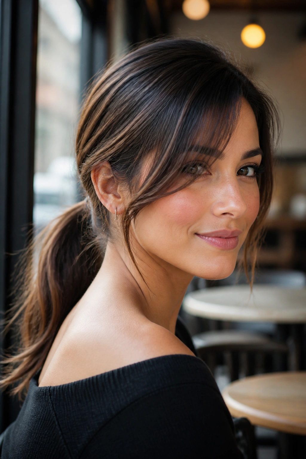 Close-up of a real woman with side-swept bangs and a low ponytail