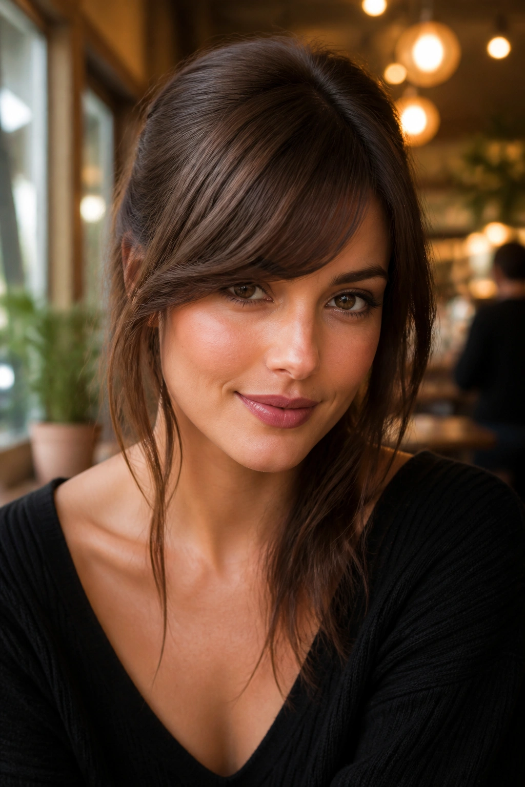 Close-up of a woman with side-swept Bardot bangs in cafe window light.