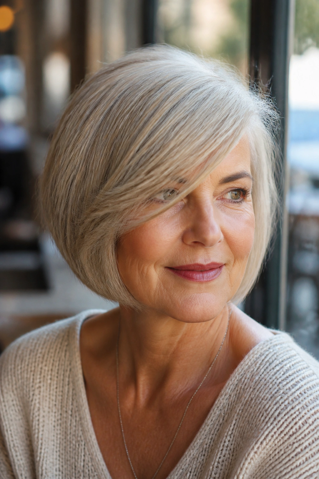 Portrait of a woman with a side-swept bob and long bangs in a cafe window setting