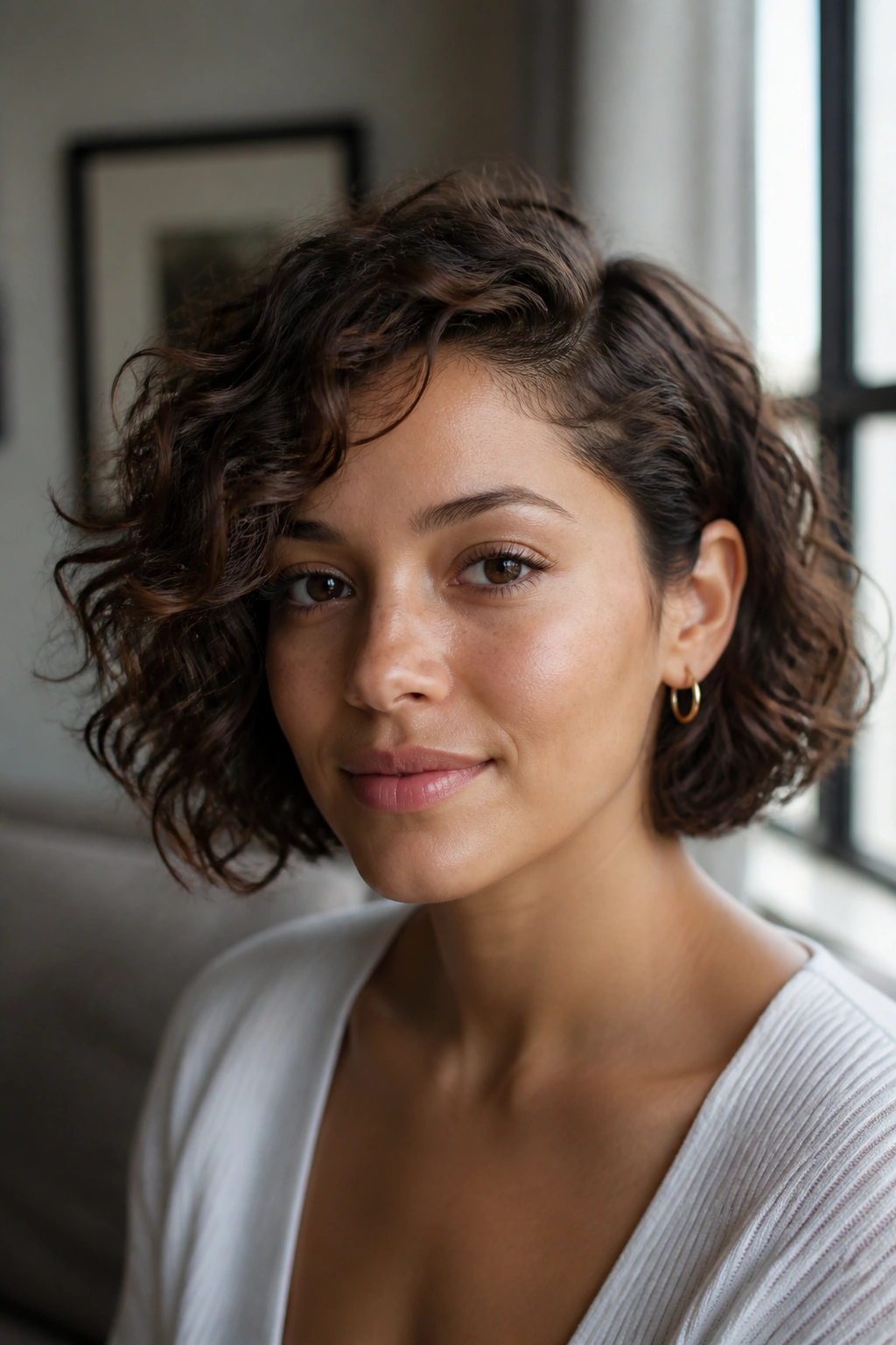 Close-up of a real person with a side-swept curly bob
