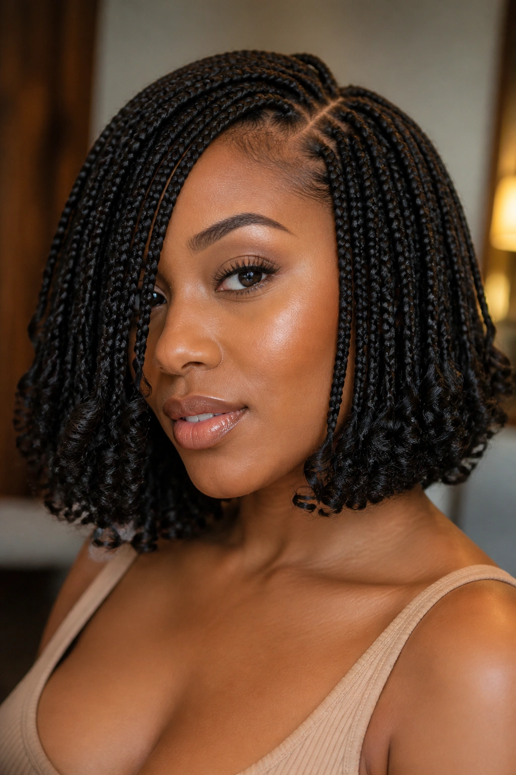 Deep side-swept bob with heavier front braid and curly ends