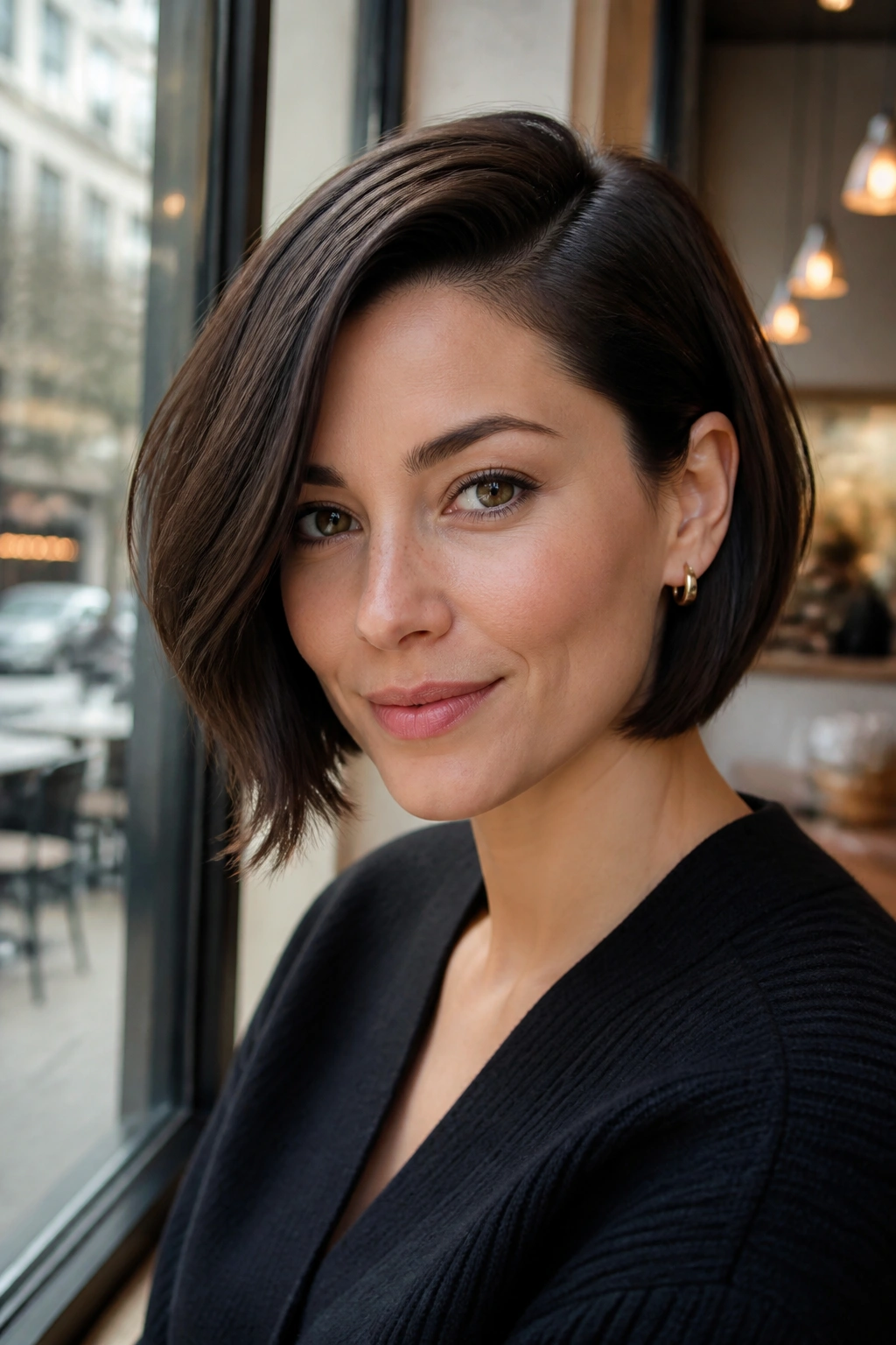Portrait of a real woman with a side-swept bob and deep part