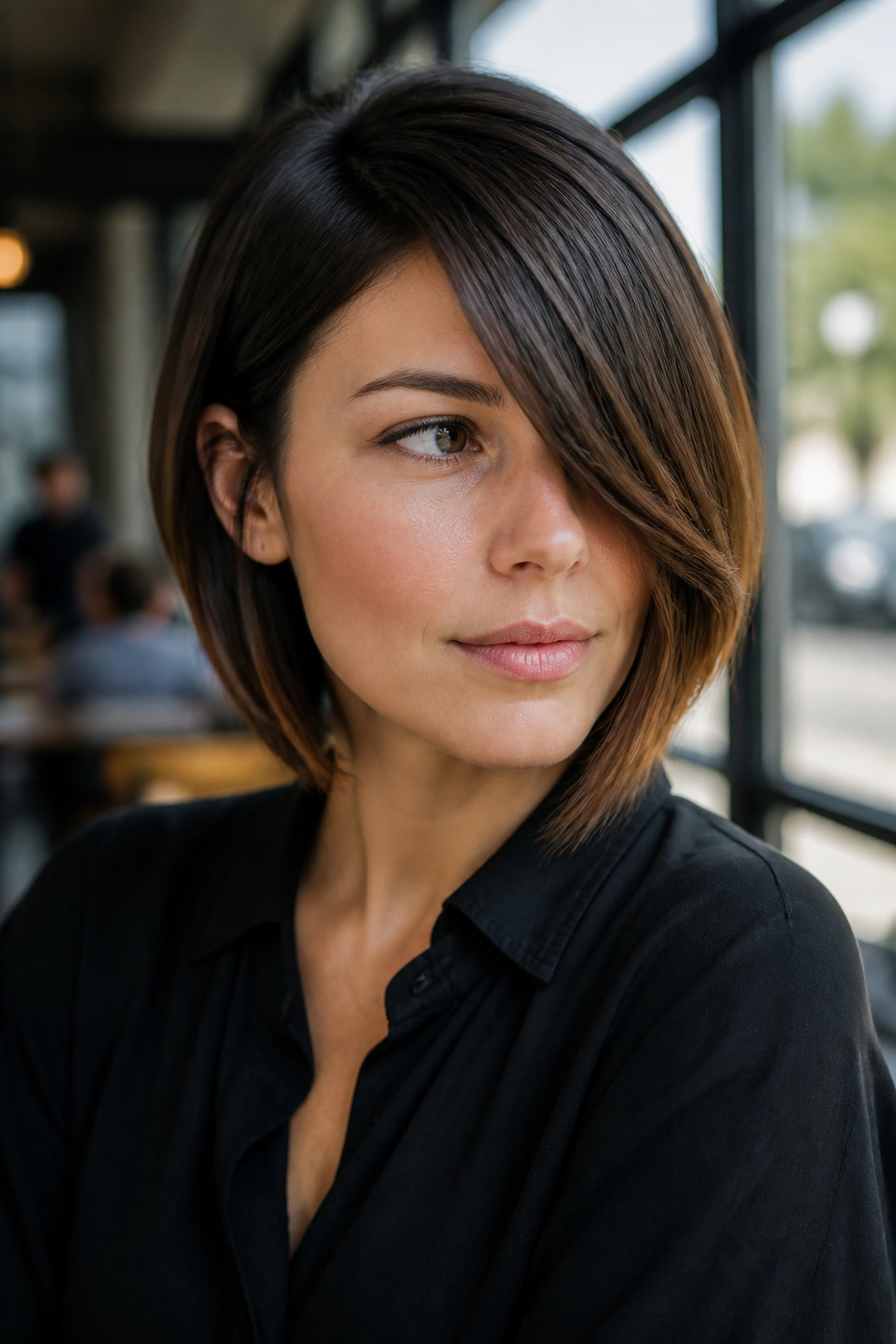 Close-up of a real woman with a long fringe side-swept across her face.