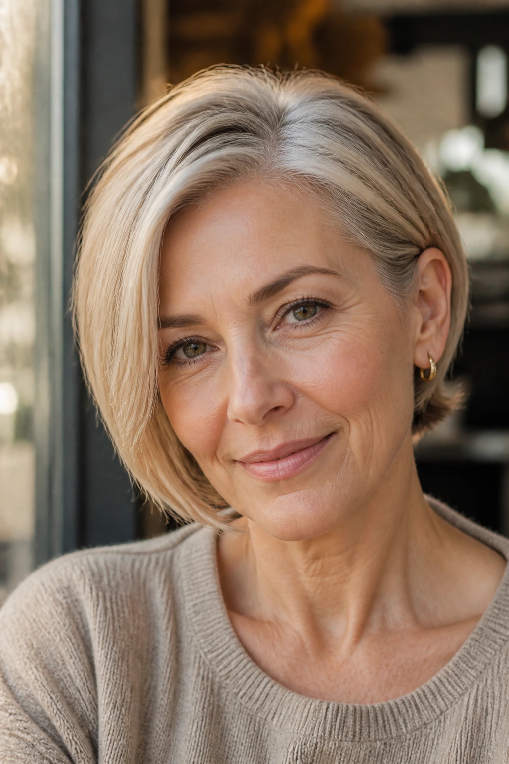 Close-up of a real woman with a side-swept bob tucked behind one ear.
