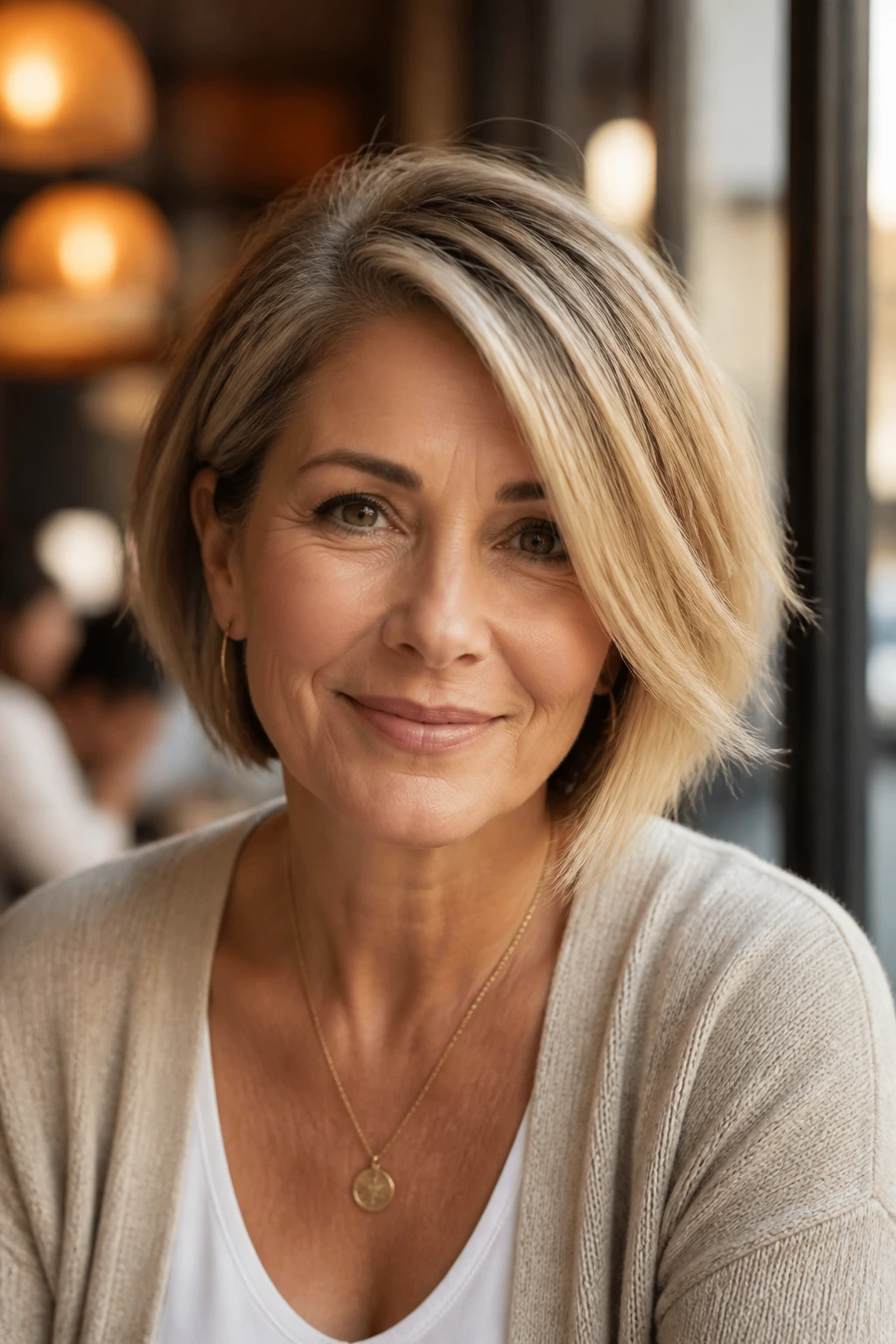 Close-up portrait of a real woman with a deep side-parted side-swept bob in cafe light
