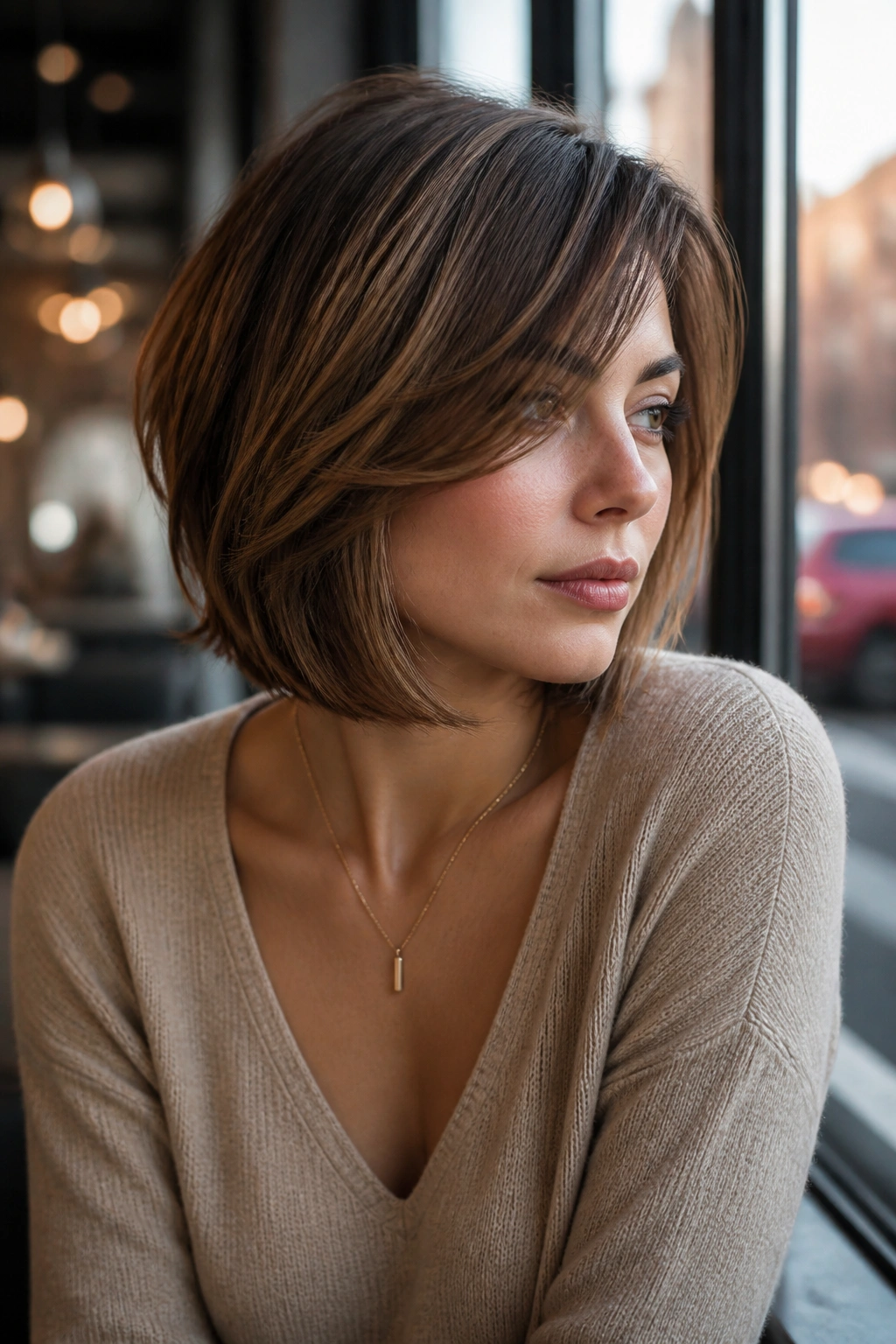 Portrait of a real woman with a side-swept layered bob