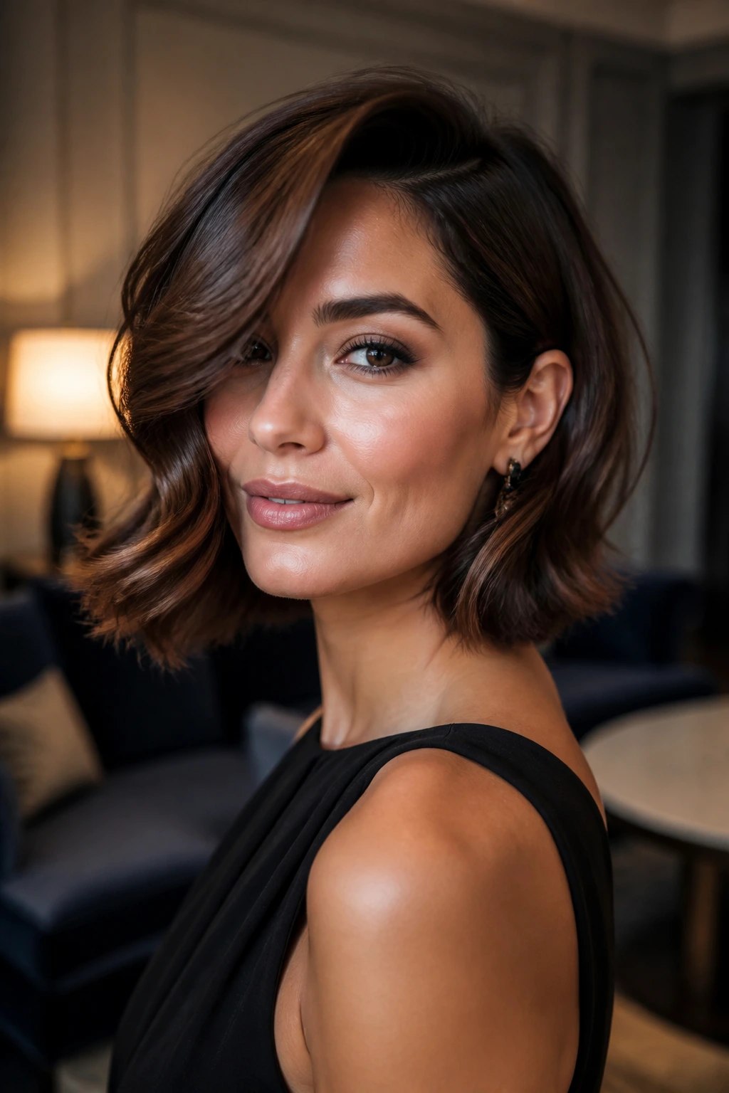 Real person with side-swept bob and old-Hollywood bend in a warm lounge