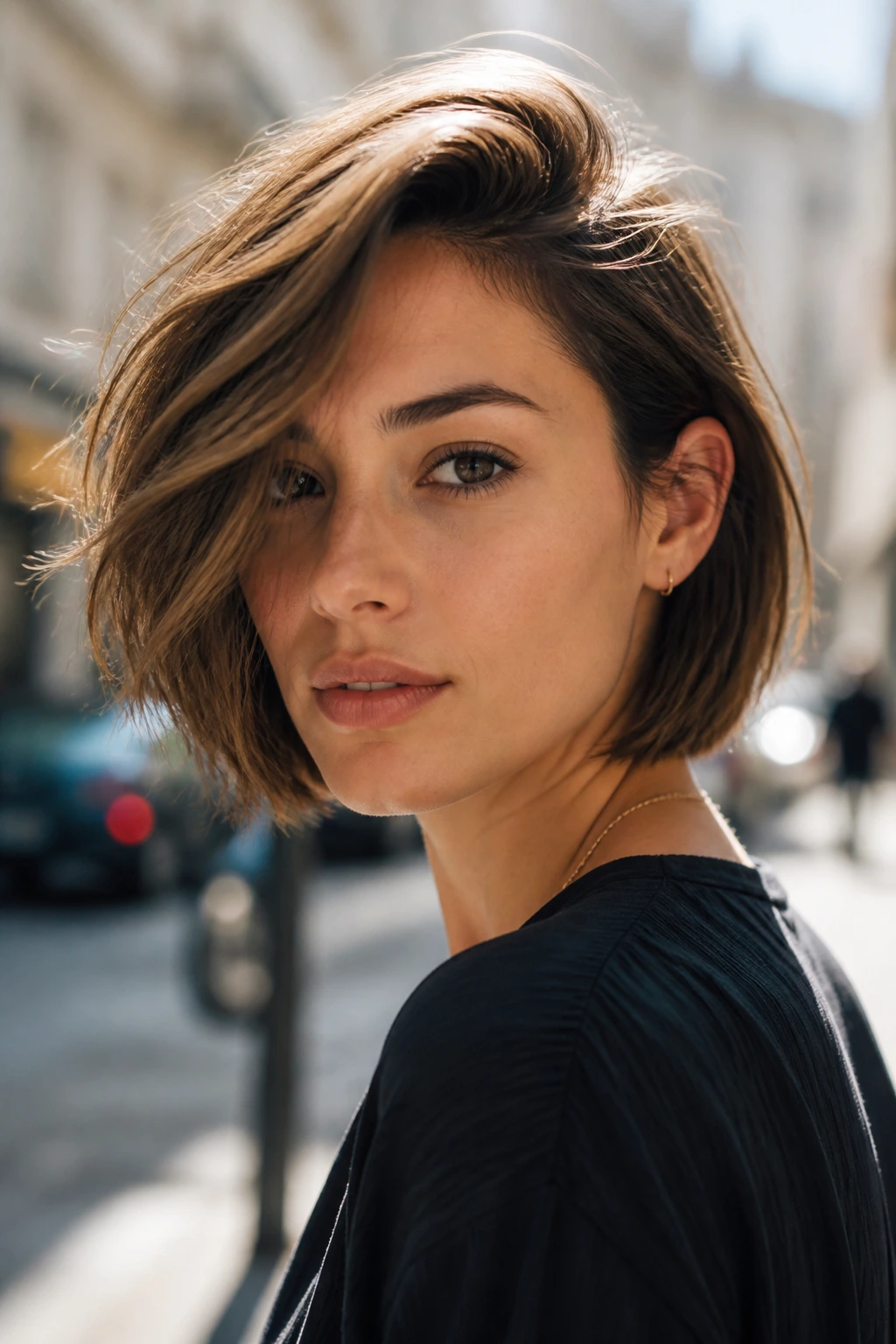 Portrait of a real person with a side-swept bob in urban daylight