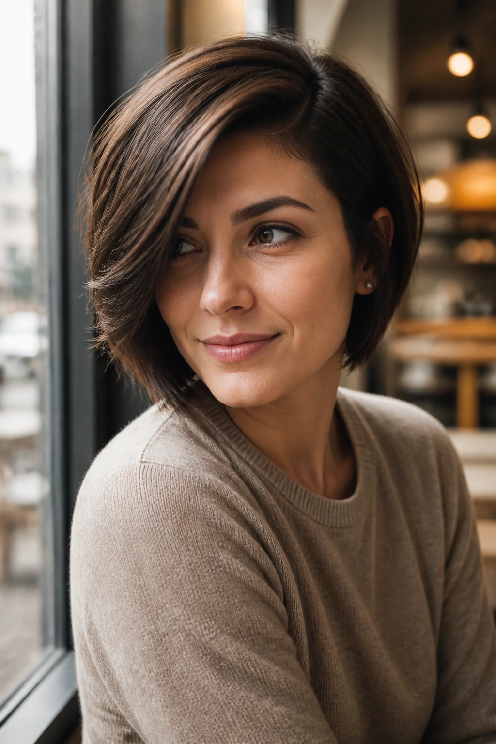 Close-up of a real woman with a side-swept bob in cafe window light