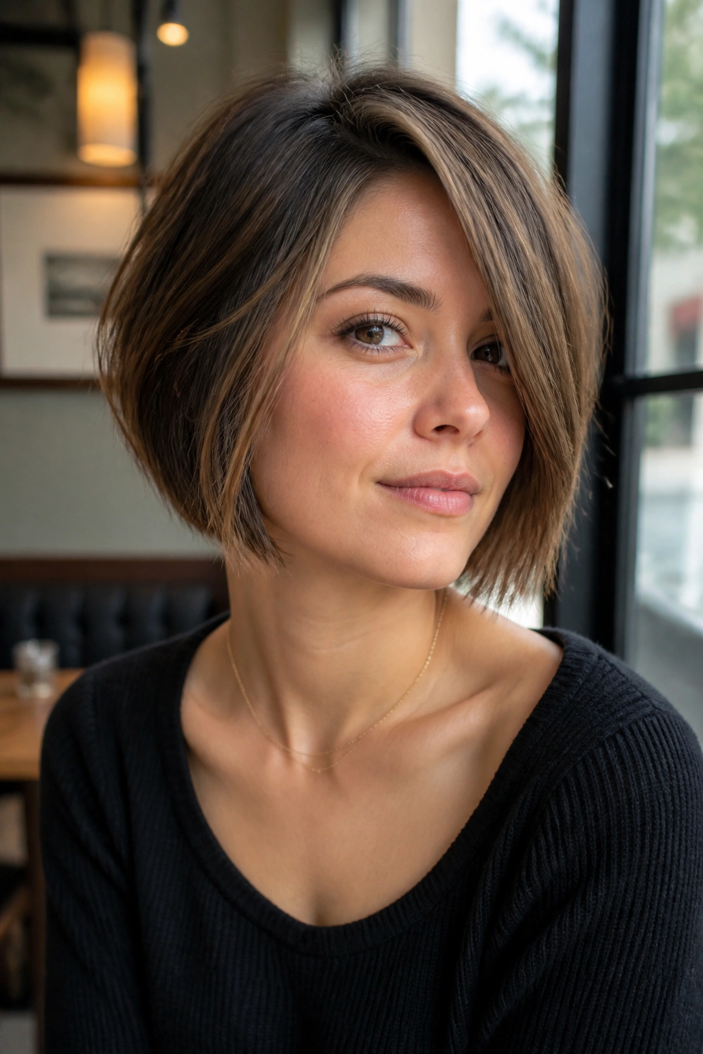 Portrait of a woman with a side-swept jawline bob, deep side part, sitting by a cafe window.