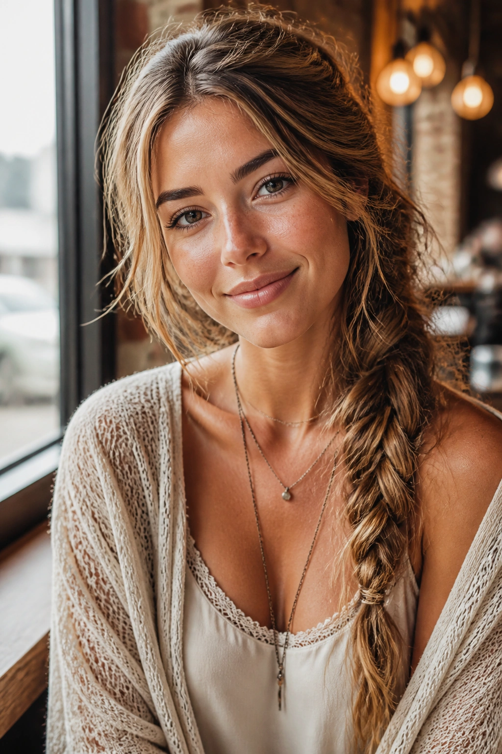 Portrait of a woman with a side-swept boho braid across her shoulder