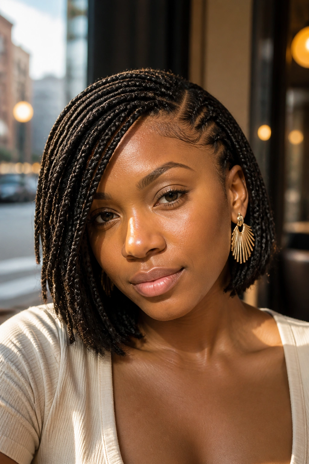 Real woman with side-swept short box braids in sunlit cafe