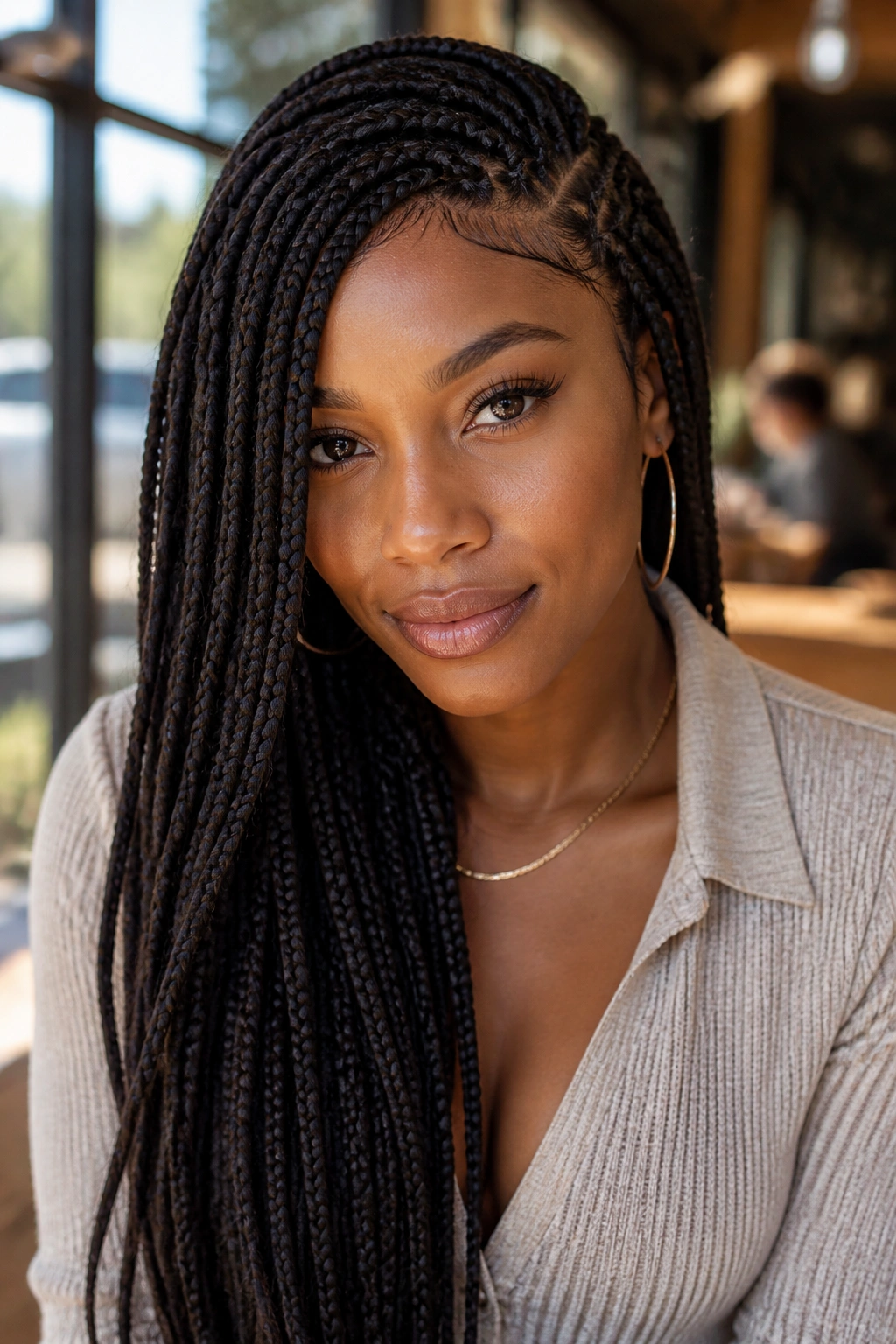 Close-up of a real woman with side-swept box braids