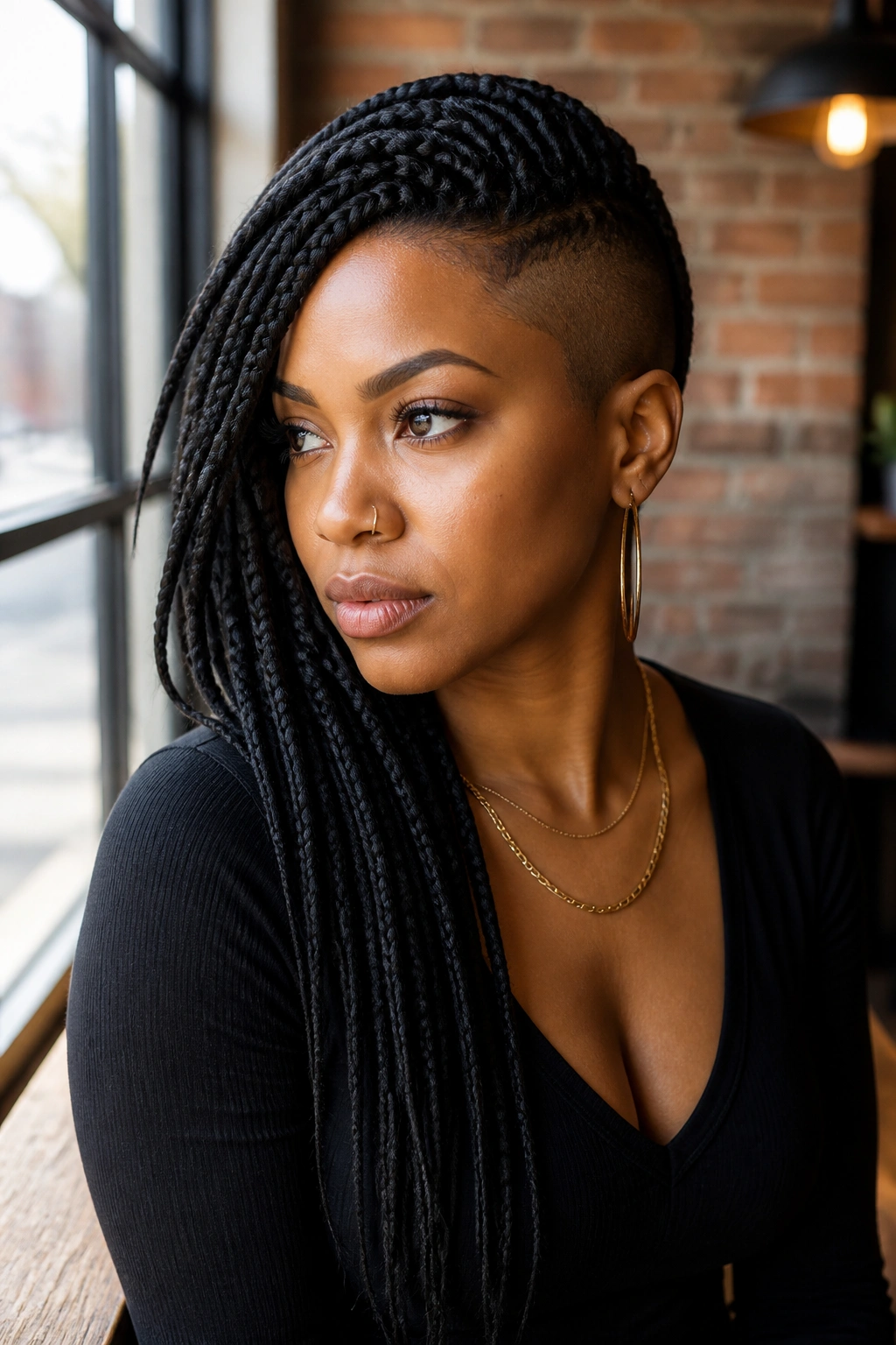 Medium close-up of side-swept box braids over one shaved side on a real woman in a cafe setting