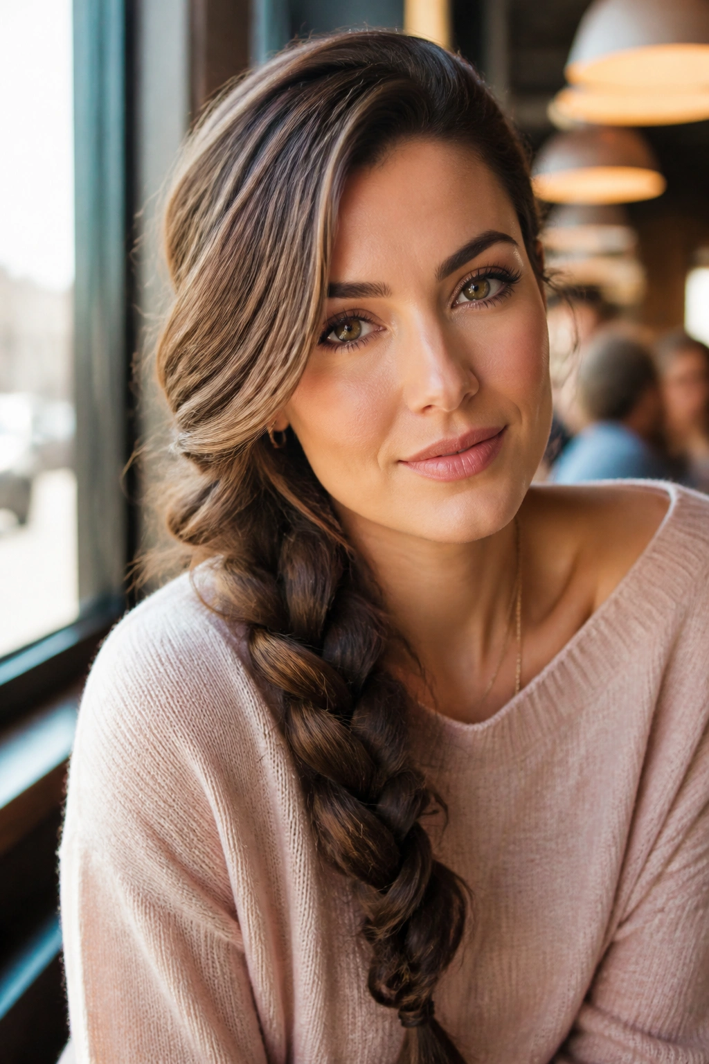 Close-up of a real woman with a deep side part and side-swept braid over the shoulder in a cafe.