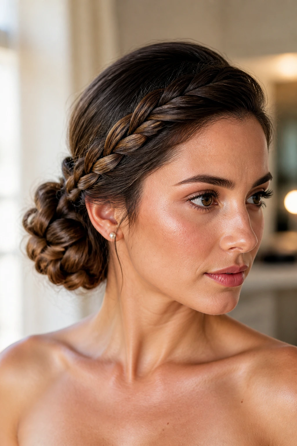 Close-up of Side-Swept Braided Bun on a real woman, braid leading into a bun at the nape