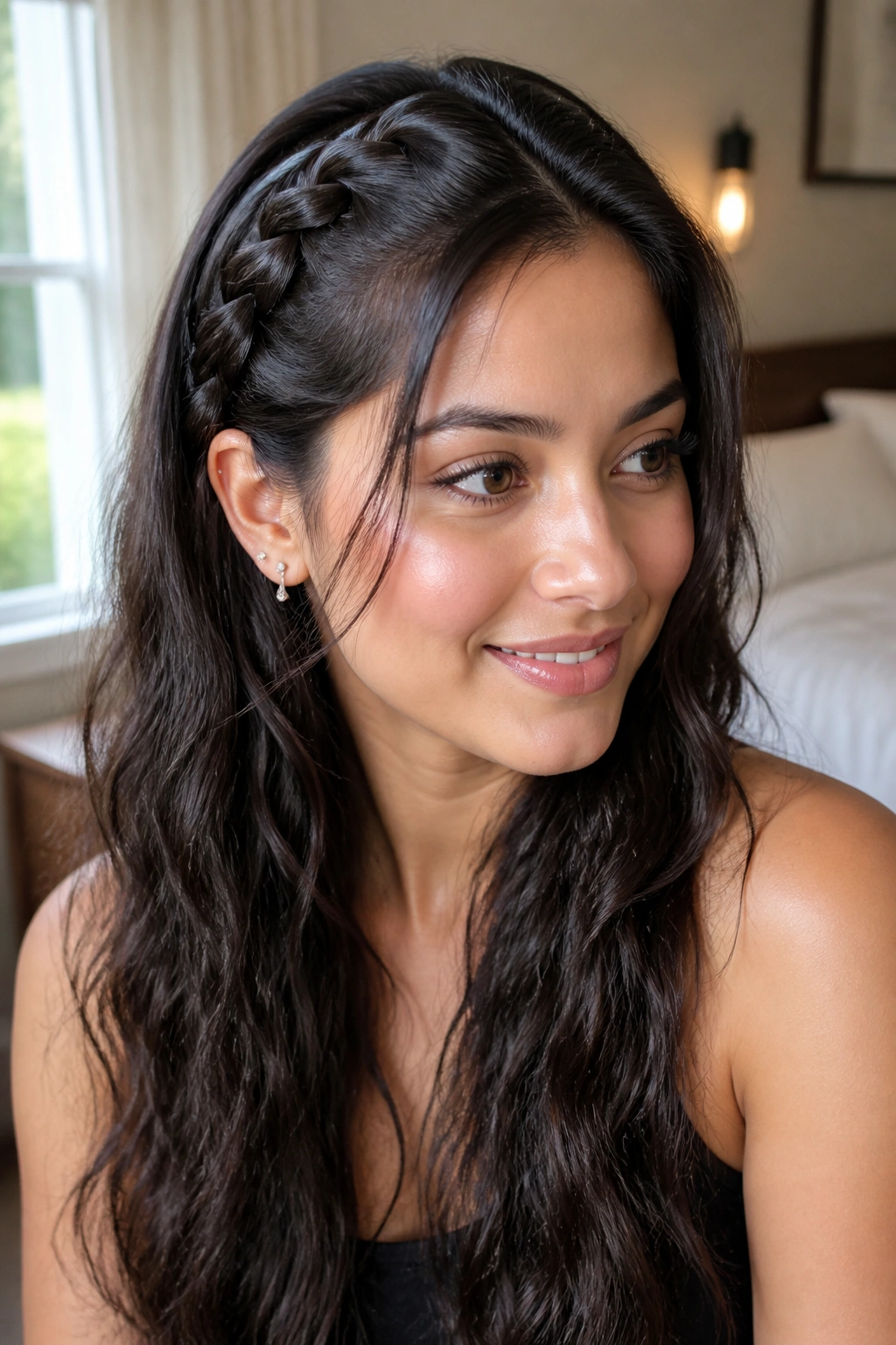 Real woman with a side-swept front braid tucked behind the ear in soft window light