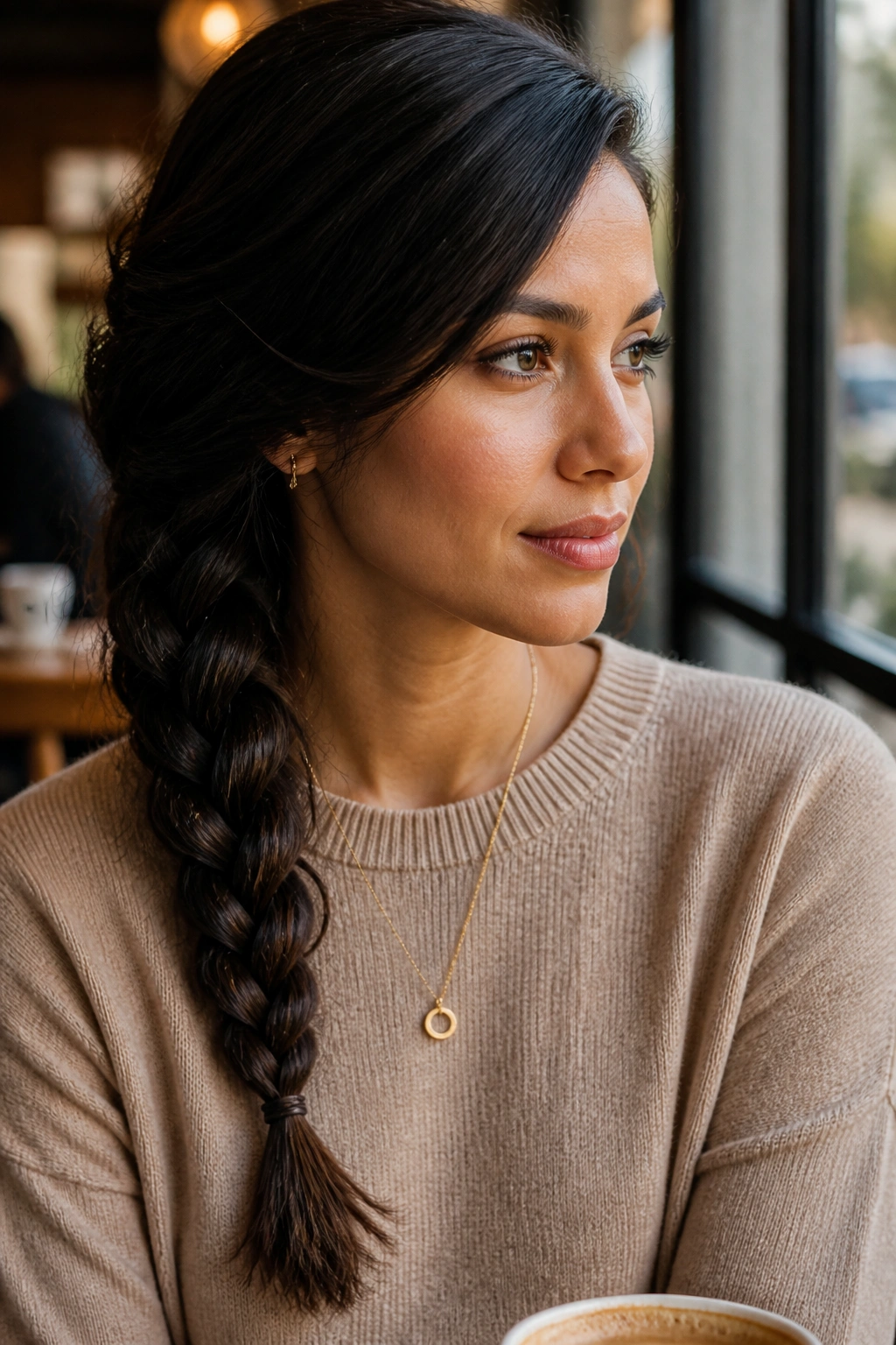 Close-up of a real woman with a side-swept braid over the shoulder in a cozy setting.