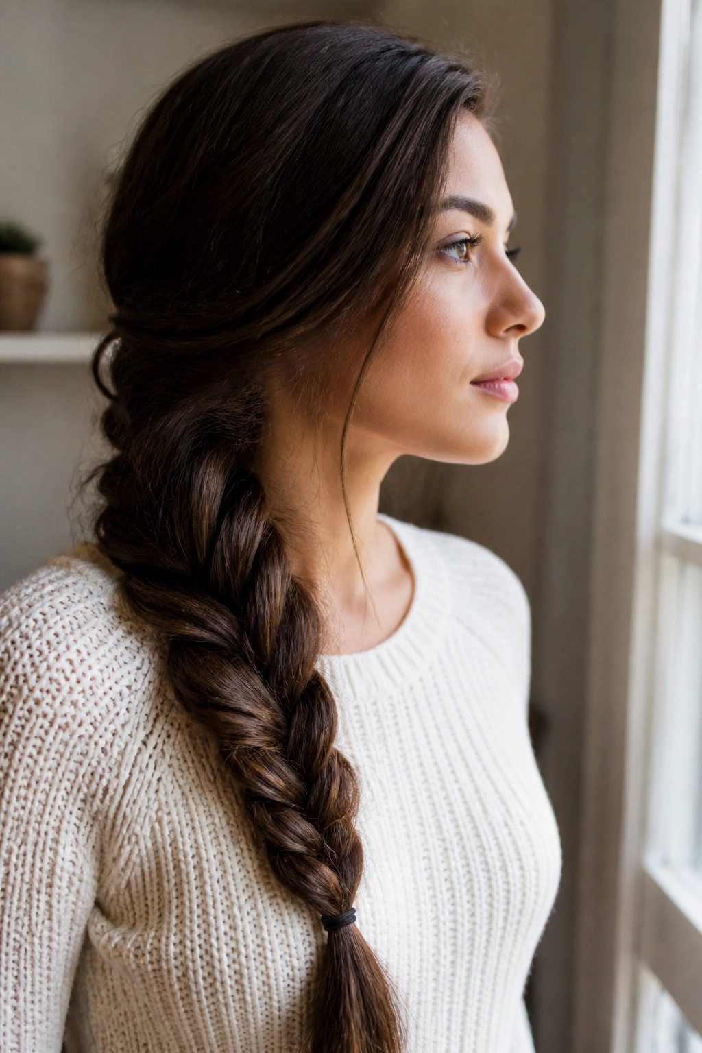 Side profile of real woman with side-swept braid over shoulder