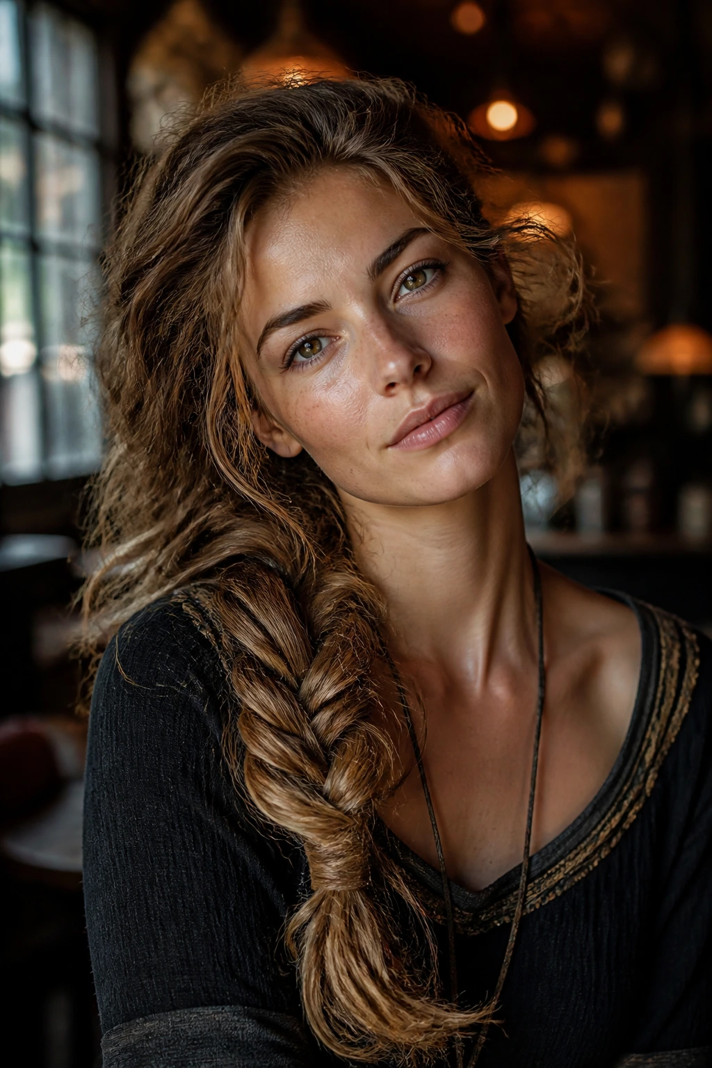 Portrait of a real woman with Side-Swept Braid With Undone Texture across the shoulder and loose, undone curls.