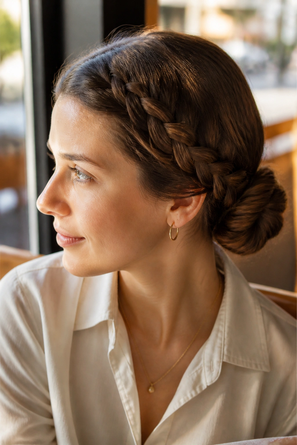 Close-up of a real woman with a side-swept braid leading to a bun behind the ear.